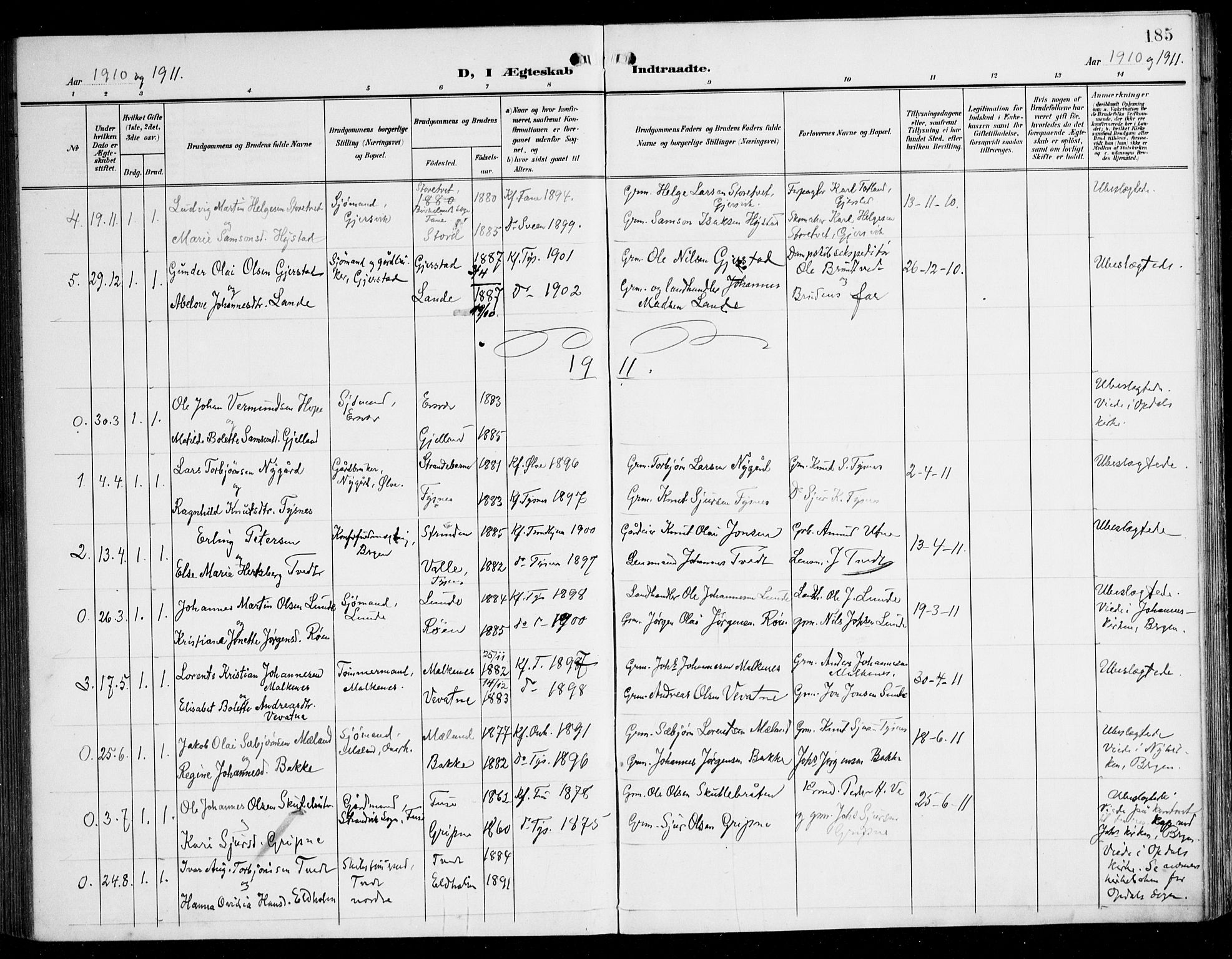 Tysnes sokneprestembete, SAB/A-78601/H/Haa: Parish register (official) no. B 2, 1907-1925, p. 185