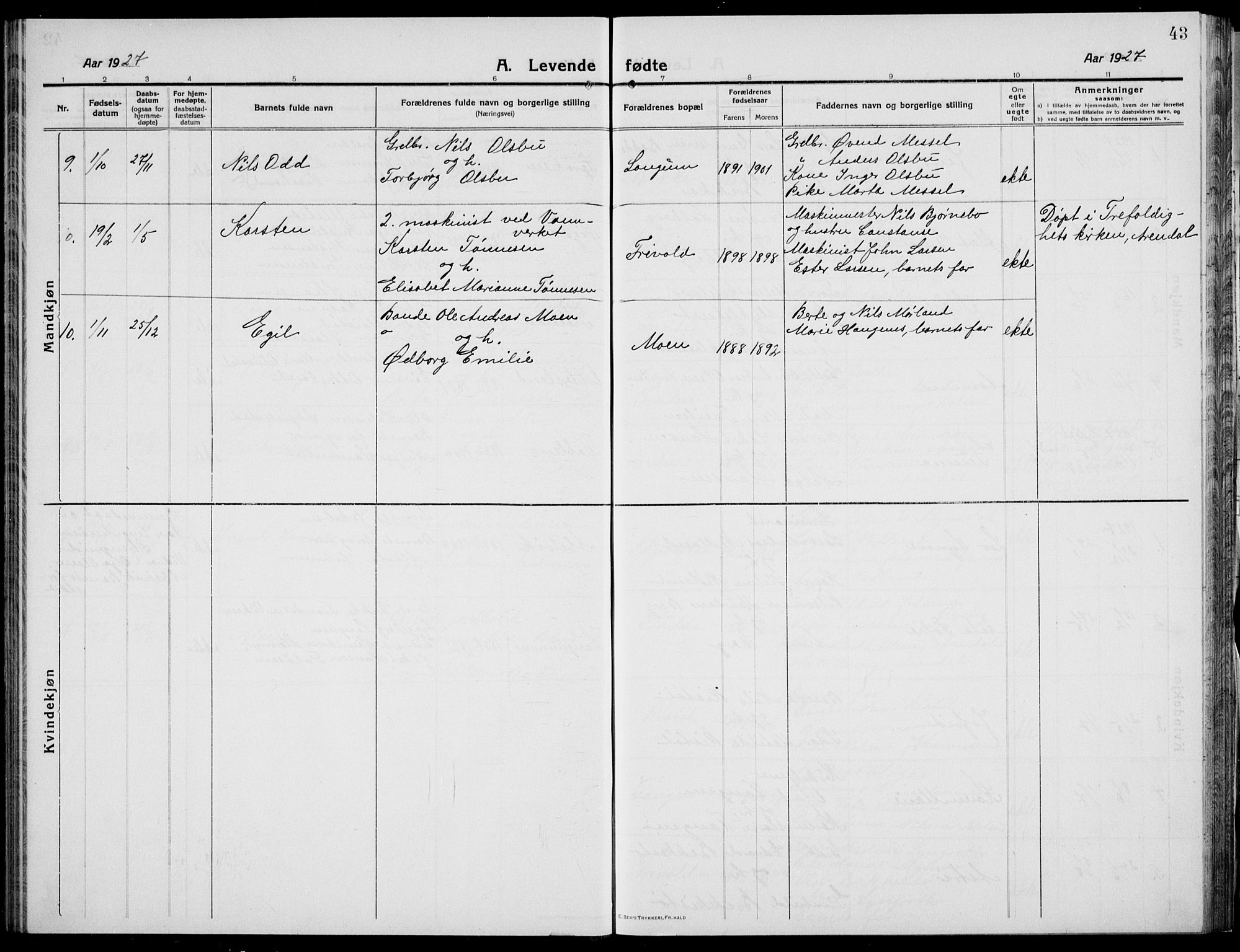 Austre Moland sokneprestkontor, AV/SAK-1111-0001/F/Fb/Fba/L0005: Parish register (copy) no. B 4b, 1914-1935, p. 43