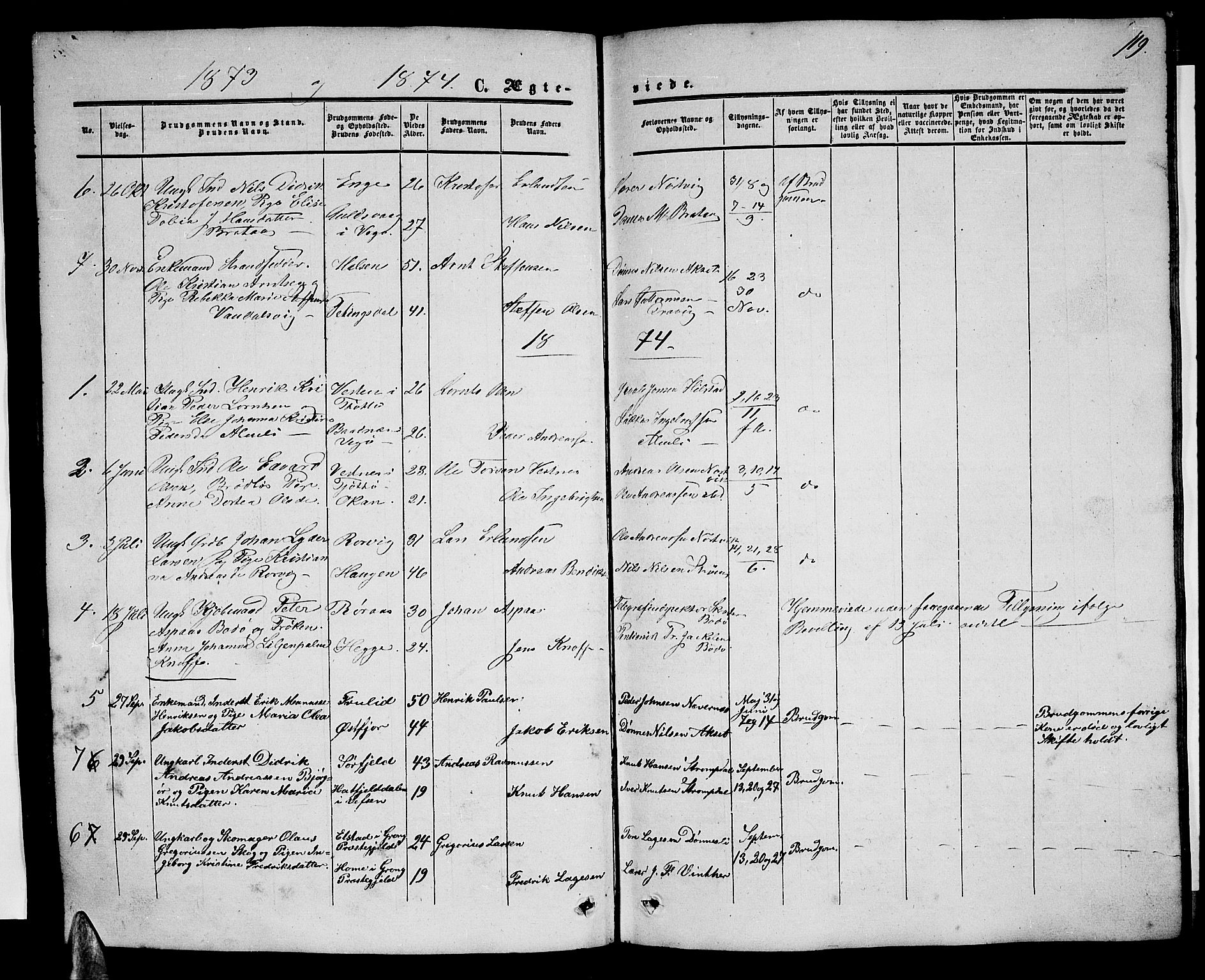 Ministerialprotokoller, klokkerbøker og fødselsregistre - Nordland, SAT/A-1459/814/L0229: Parish register (copy) no. 814C02, 1859-1883, p. 119