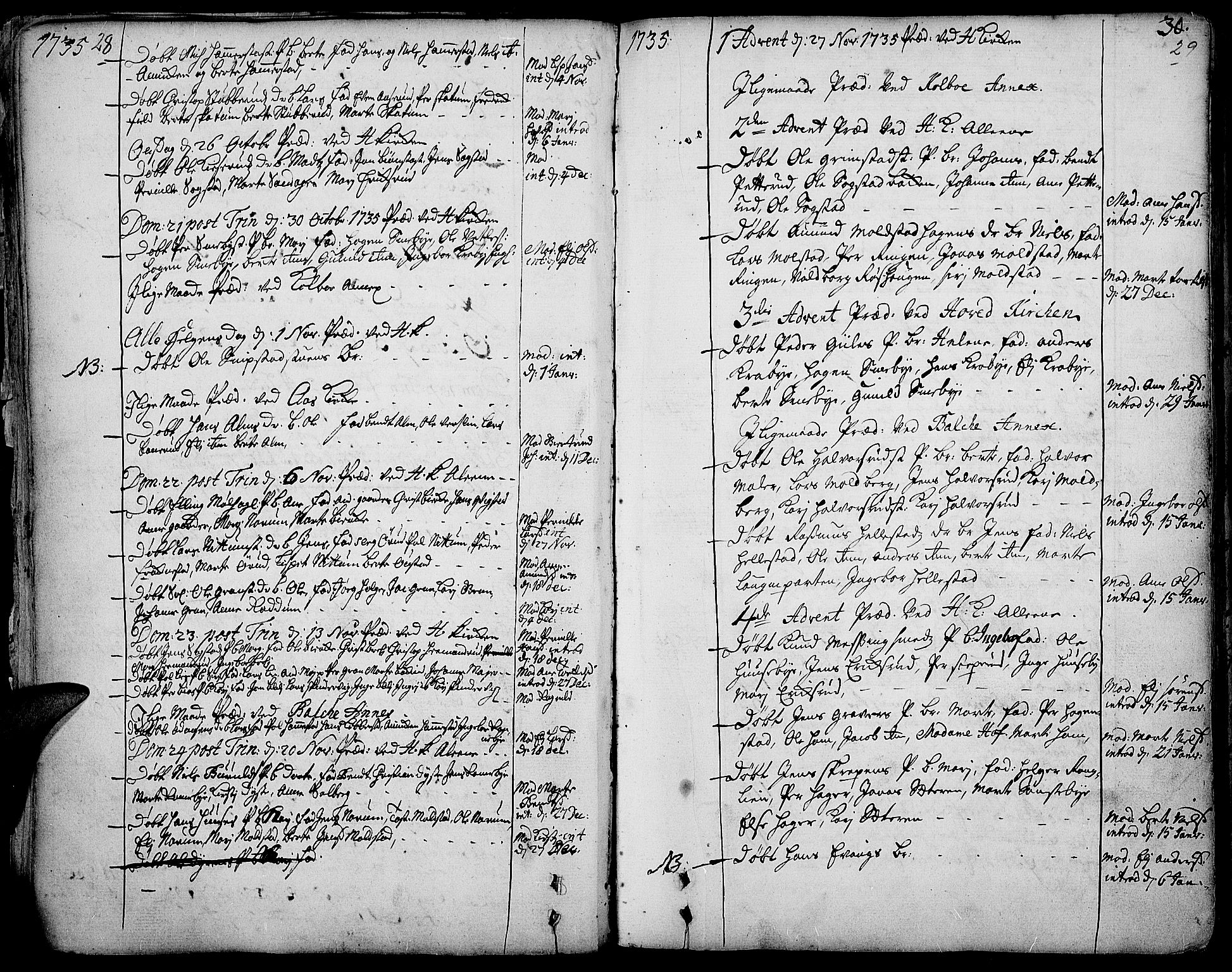 Toten prestekontor, SAH/PREST-102/H/Ha/Haa/L0003: Parish register (official) no. 3, 1734-1751, p. 28-29