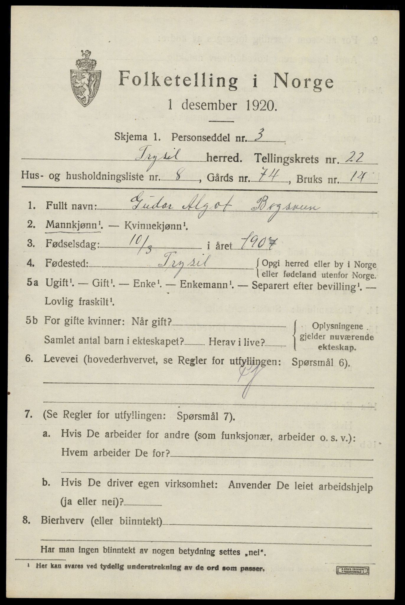 SAH, 1920 census for Trysil, 1920, p. 14649