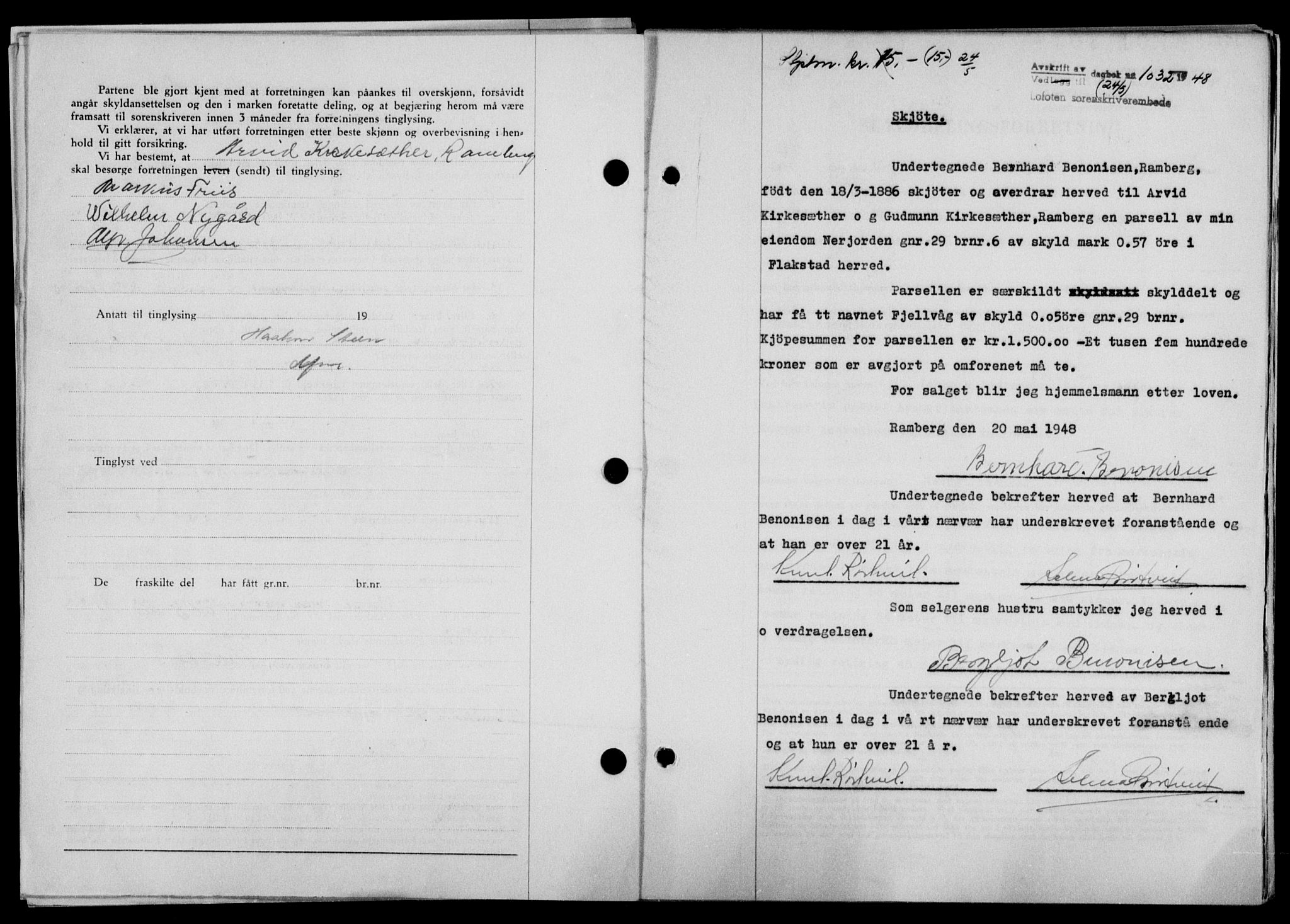 Lofoten sorenskriveri, SAT/A-0017/1/2/2C/L0018a: Mortgage book no. 18a, 1948-1948, Diary no: : 1032/1948