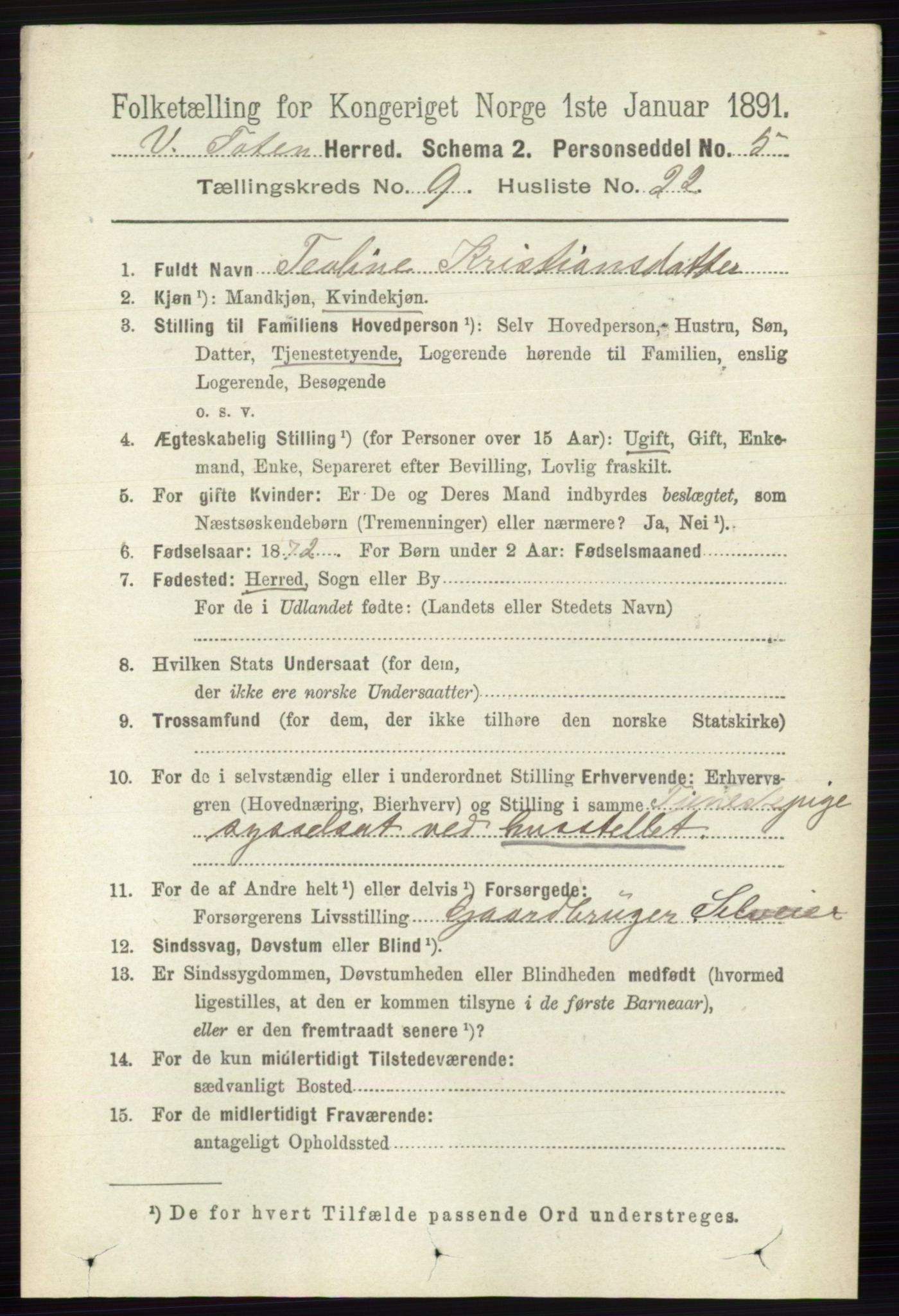 RA, 1891 census for 0529 Vestre Toten, 1891, p. 5686