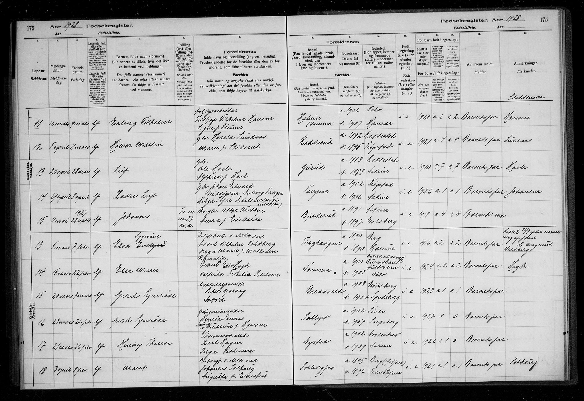 Askim prestekontor Kirkebøker, AV/SAO-A-10900/J/Ja/L0001: Birth register no. 1, 1916-1929, p. 175