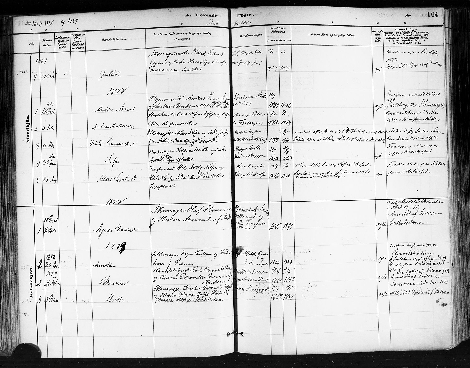 Tønsberg kirkebøker, SAKO/A-330/F/Fa/L0011: Parish register (official) no. I 11, 1881-1890, p. 164