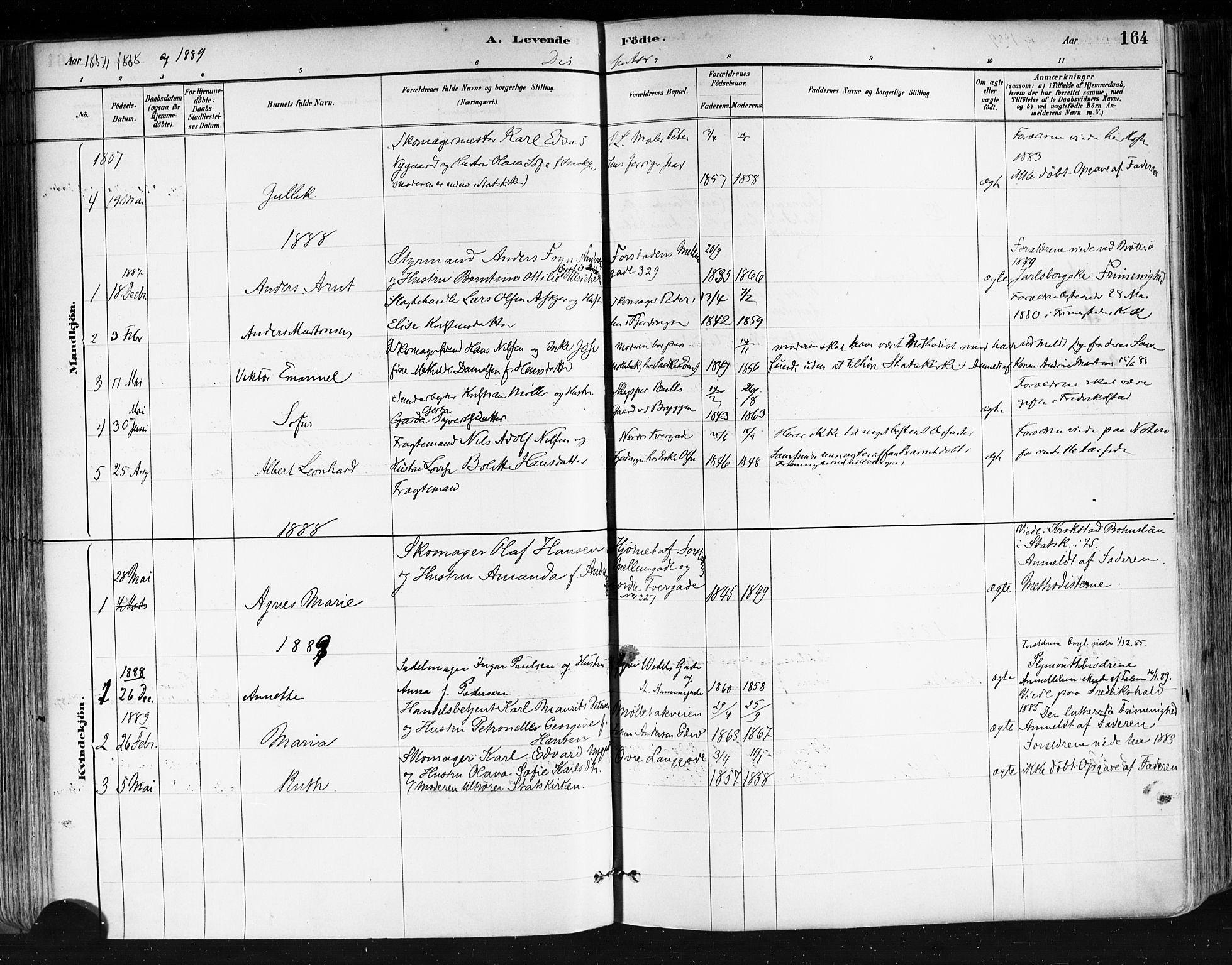 Tønsberg kirkebøker, AV/SAKO-A-330/F/Fa/L0011: Parish register (official) no. I 11, 1881-1890, p. 164