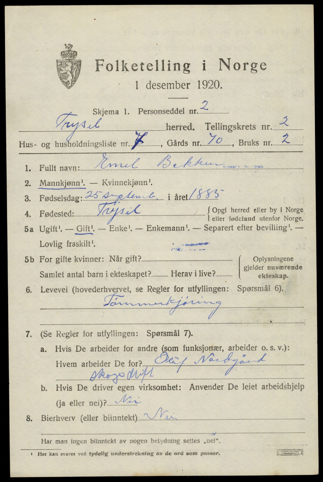 SAH, 1920 census for Trysil, 1920, p. 3155