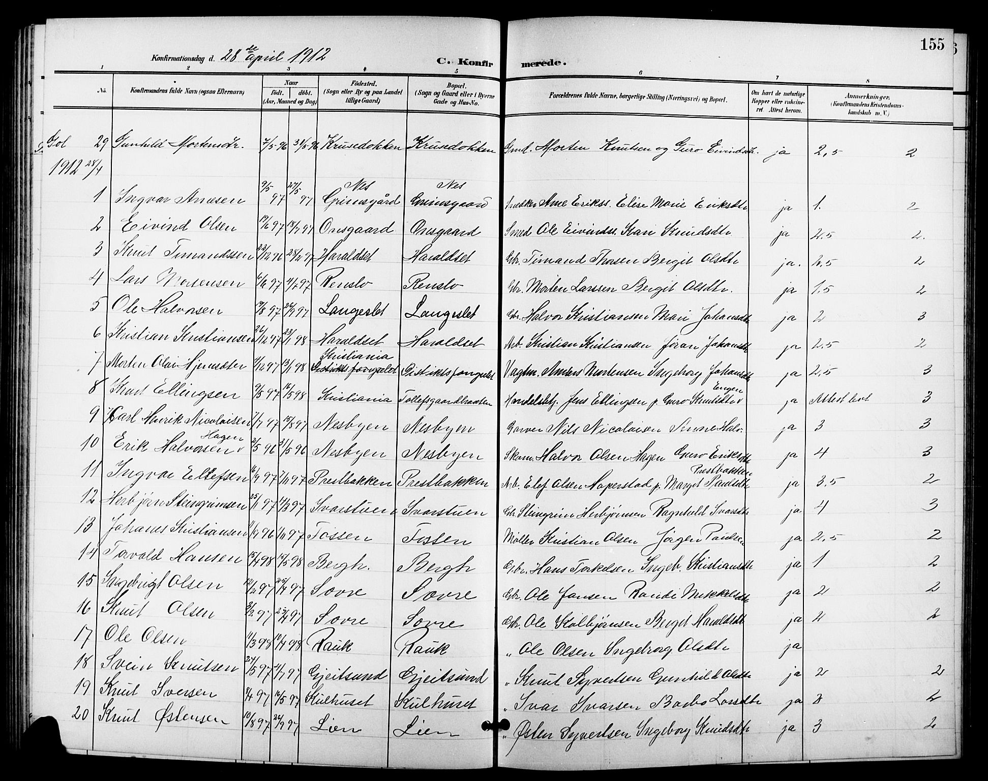 Nes kirkebøker, SAKO/A-236/G/Ga/L0004: Parish register (copy) no. I 4, 1900-1925, p. 155