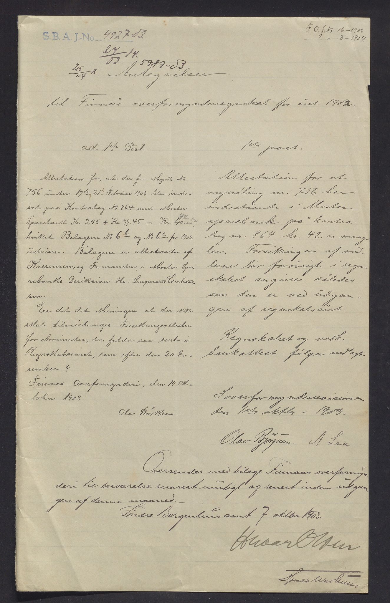 Finnaas kommune. Overformynderiet, IKAH/1218a-812/R/Ra/Raa/L0007/0002: Årlege rekneskap m/vedlegg / Årlege rekneskap m/vedlegg, 1902