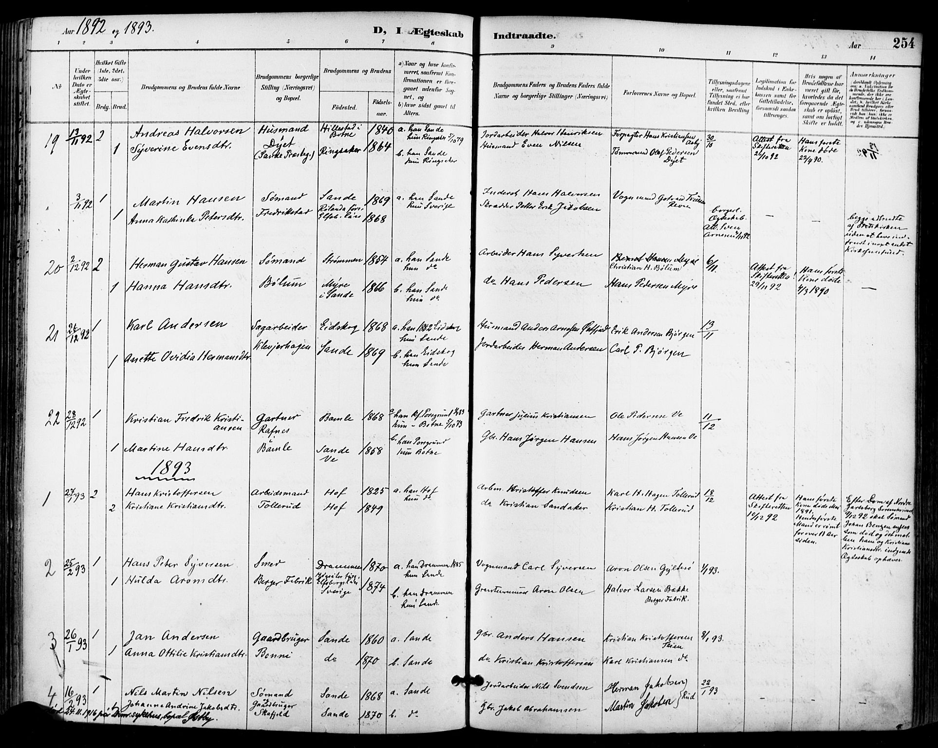 Sande Kirkebøker, AV/SAKO-A-53/F/Fa/L0007: Parish register (official) no. 7, 1888-1903, p. 254