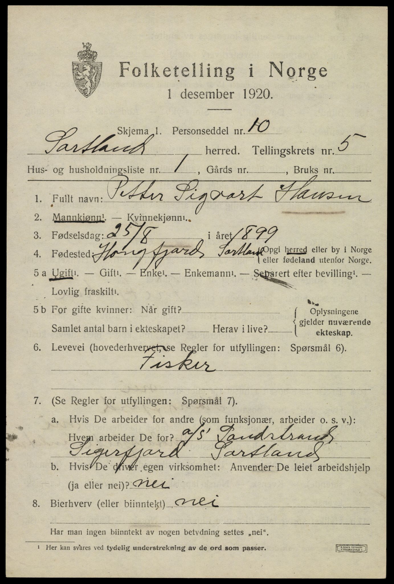 SAT, 1920 census for Sortland, 1920, p. 5490