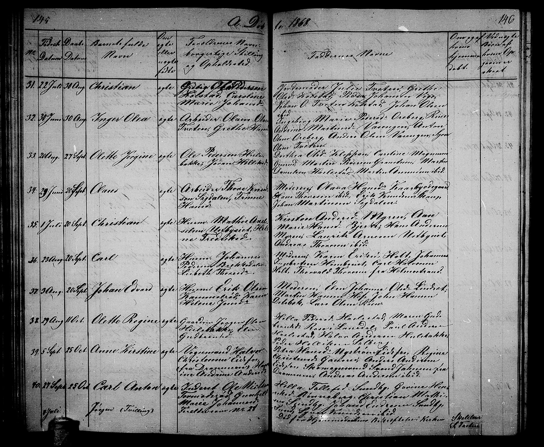 Hof kirkebøker, AV/SAKO-A-64/G/Ga/L0002: Parish register (copy) no. I 2, 1859-1873, p. 145-146