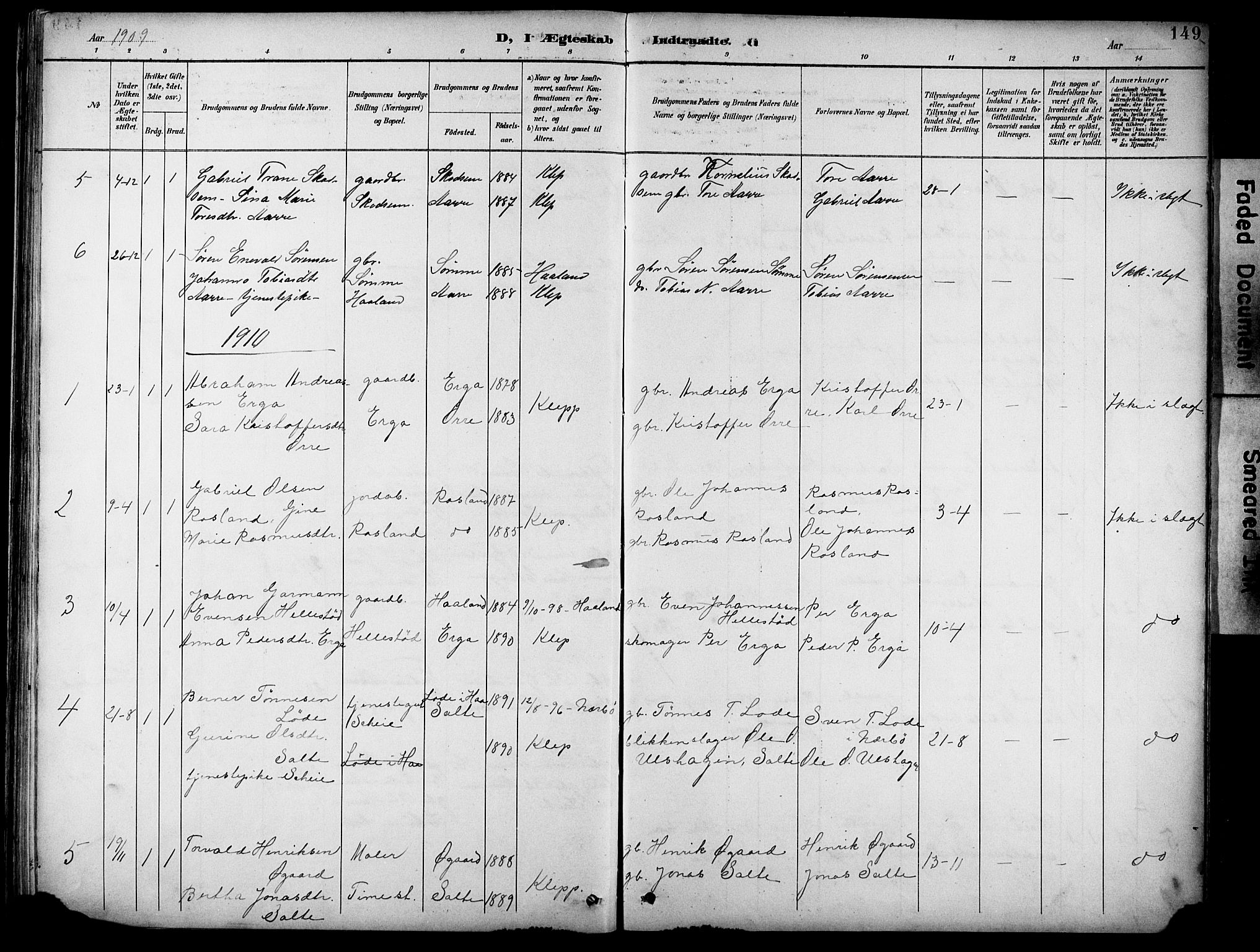 Klepp sokneprestkontor, AV/SAST-A-101803/001/3/30BB/L0005: Parish register (copy) no. B 5, 1889-1918, p. 149