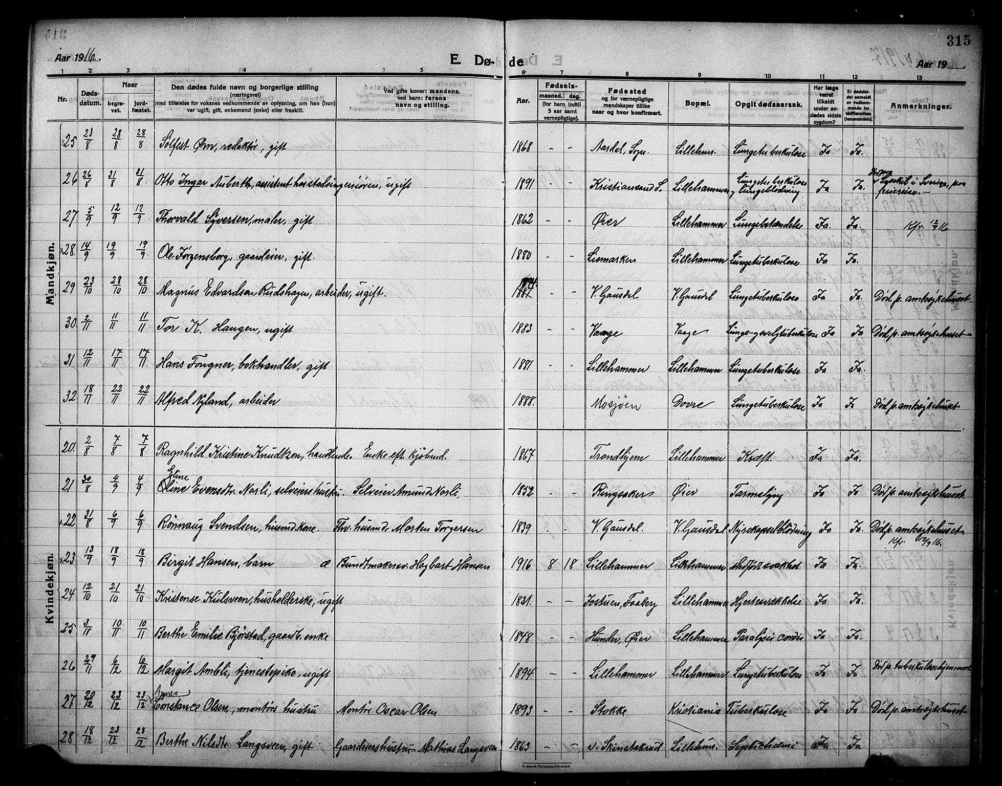 Lillehammer prestekontor, SAH/PREST-088/H/Ha/Hab/L0002: Parish register (copy) no. 2, 1913-1929, p. 315