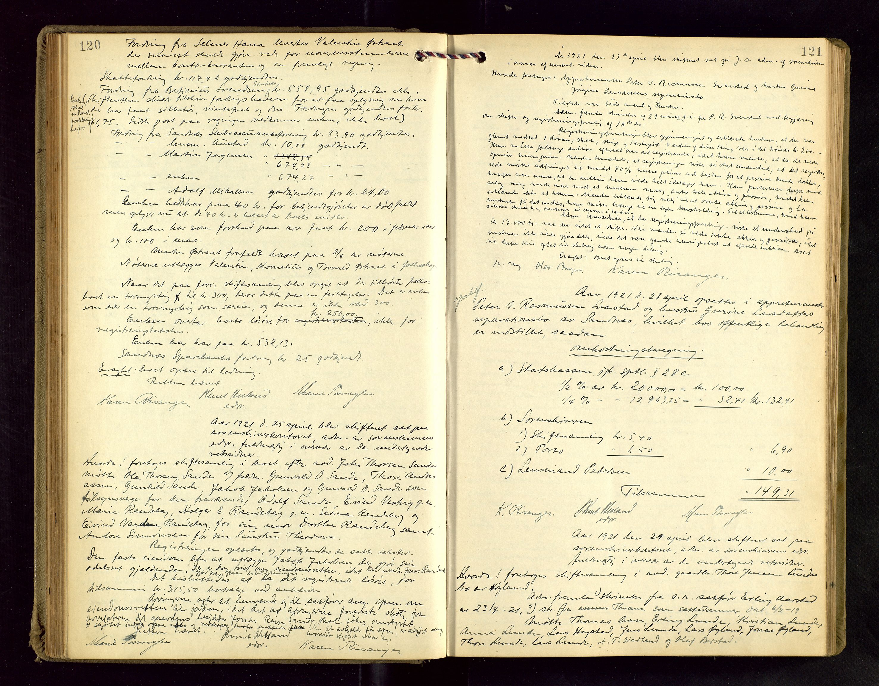 Jæren sorenskriveri, AV/SAST-A-100310/01/5/53/53BA/L0004: SKIFTEFORHANDLINGSPROTOKOLL, 1919-1925, p. 120-121
