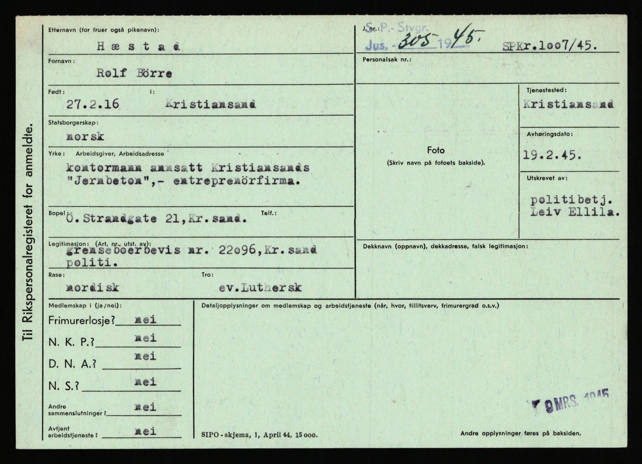 Statspolitiet - Hovedkontoret / Osloavdelingen, AV/RA-S-1329/C/Ca/L0007: Hol - Joelsen, 1943-1945, p. 1639