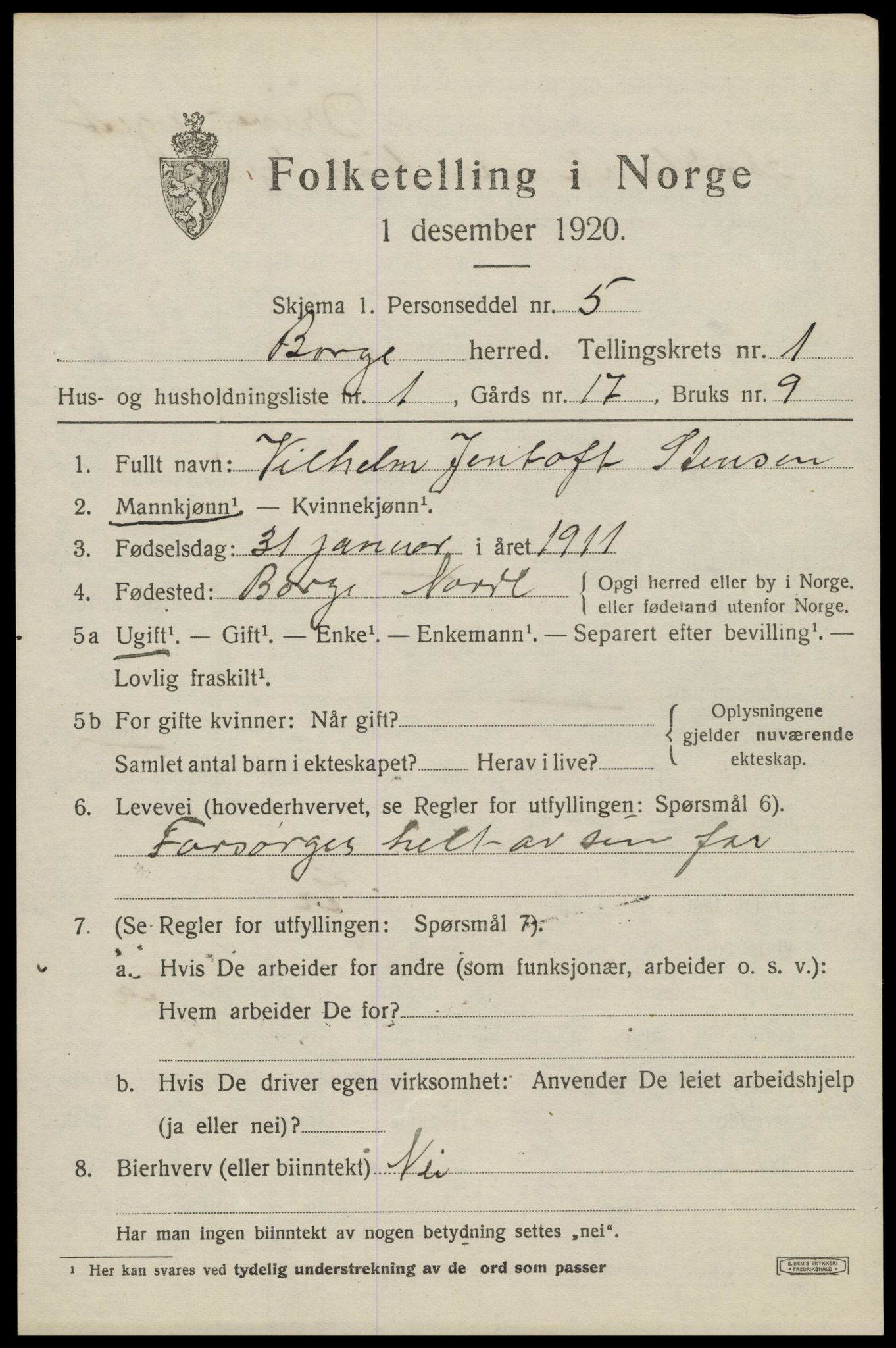 SAT, 1920 census for Borge, 1920, p. 1555