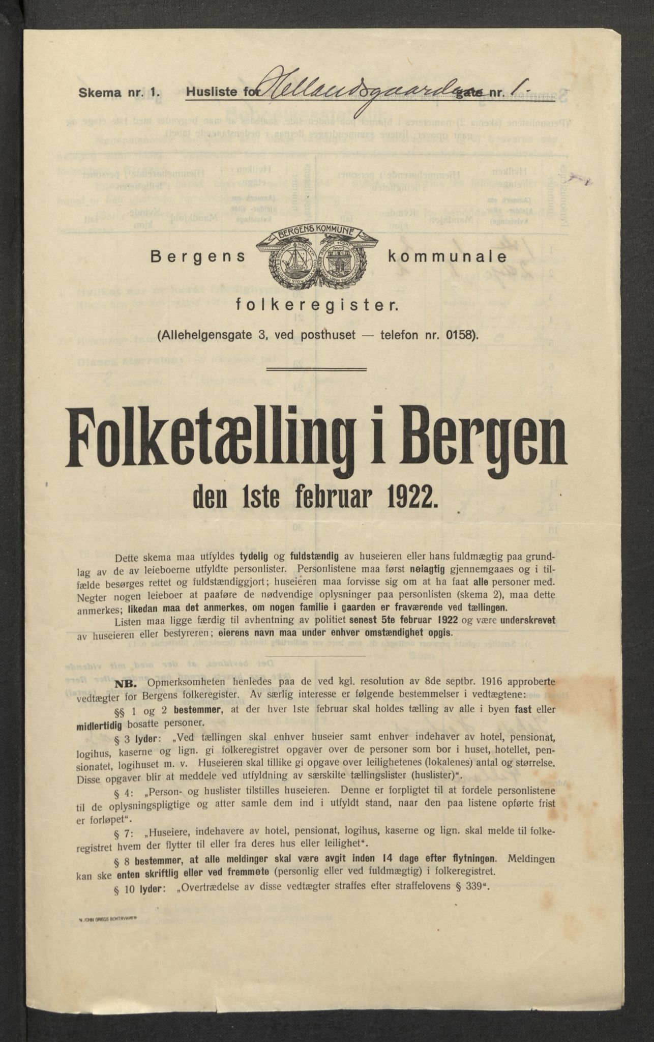 SAB, Municipal Census 1922 for Bergen, 1922, p. 14129