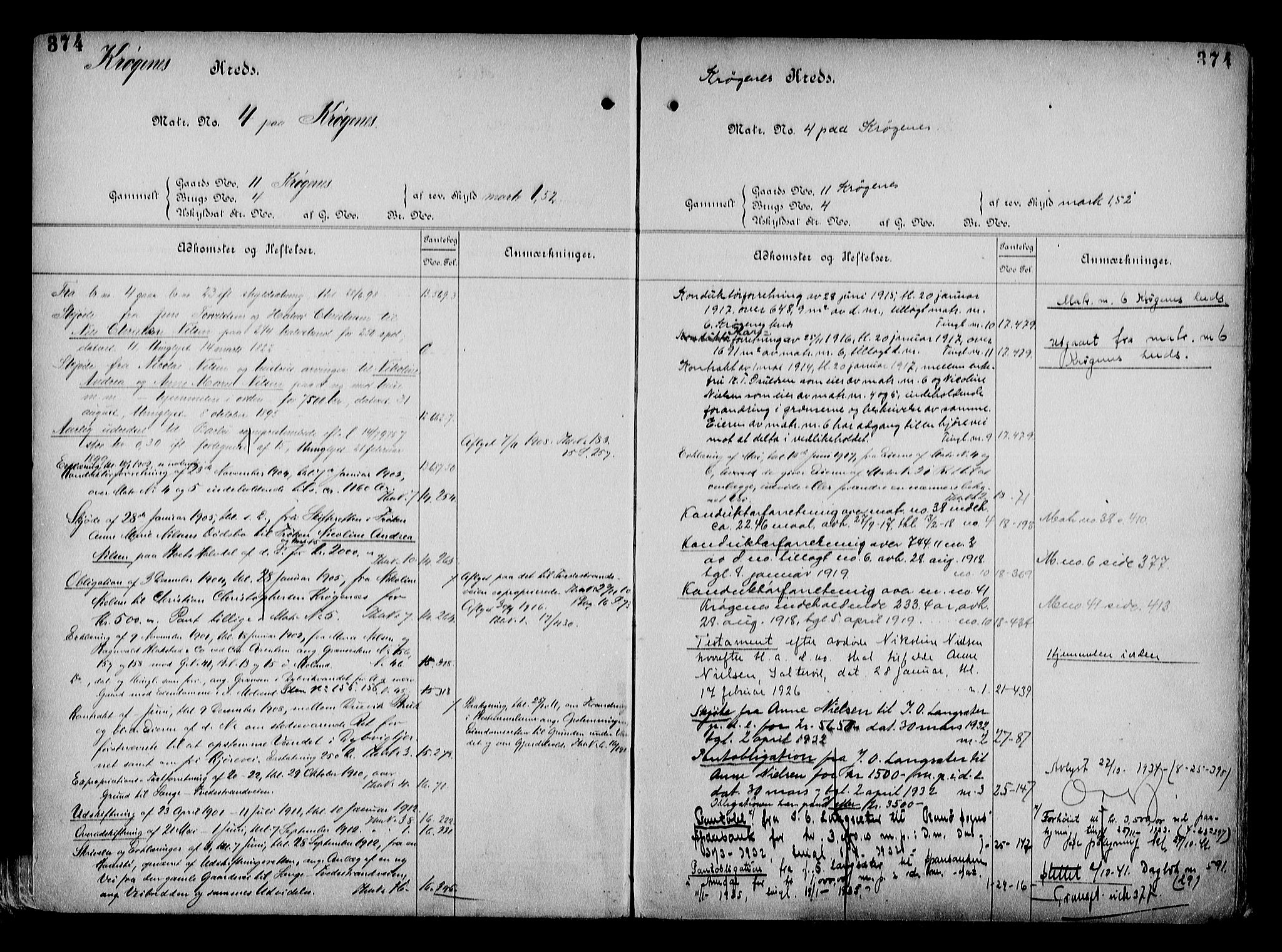 Arendal byfogd, AV/SAK-1222-0001/G/Ga/L0015: Mortgage register no. 13, 1860-1960, p. 374