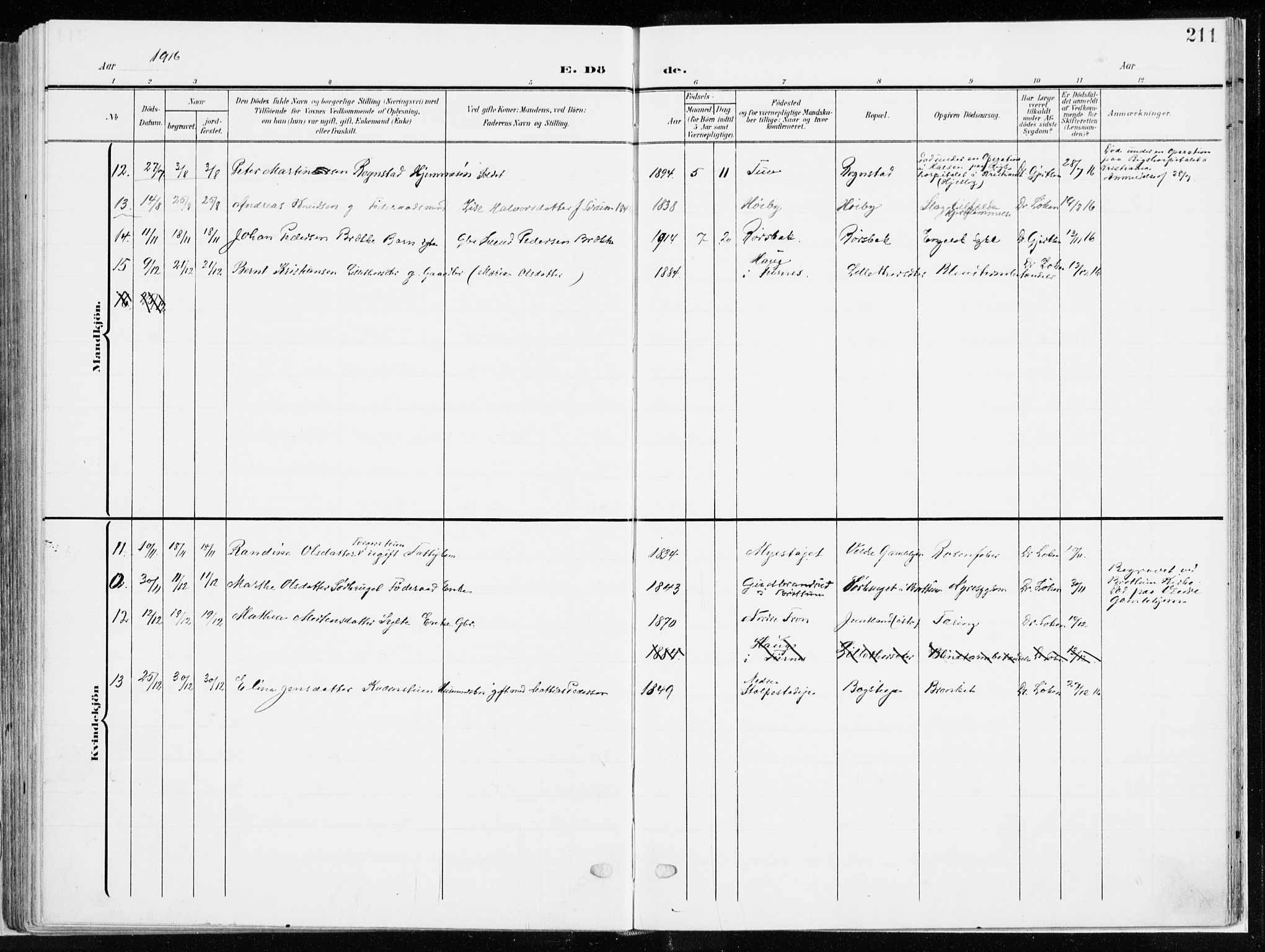 Ringsaker prestekontor, AV/SAH-PREST-014/K/Ka/L0019: Parish register (official) no. 19, 1905-1920, p. 211