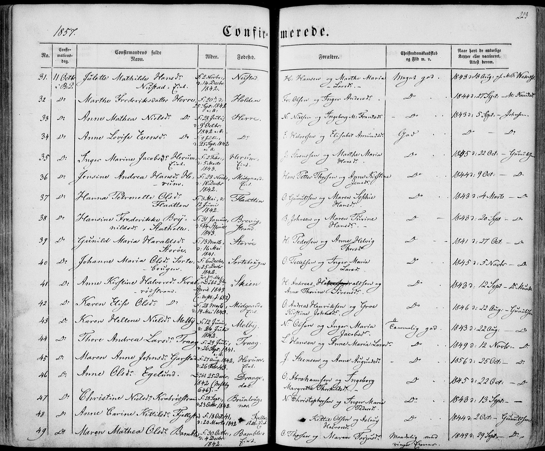 Bamble kirkebøker, SAKO/A-253/F/Fa/L0005: Parish register (official) no. I 5, 1854-1869, p. 223