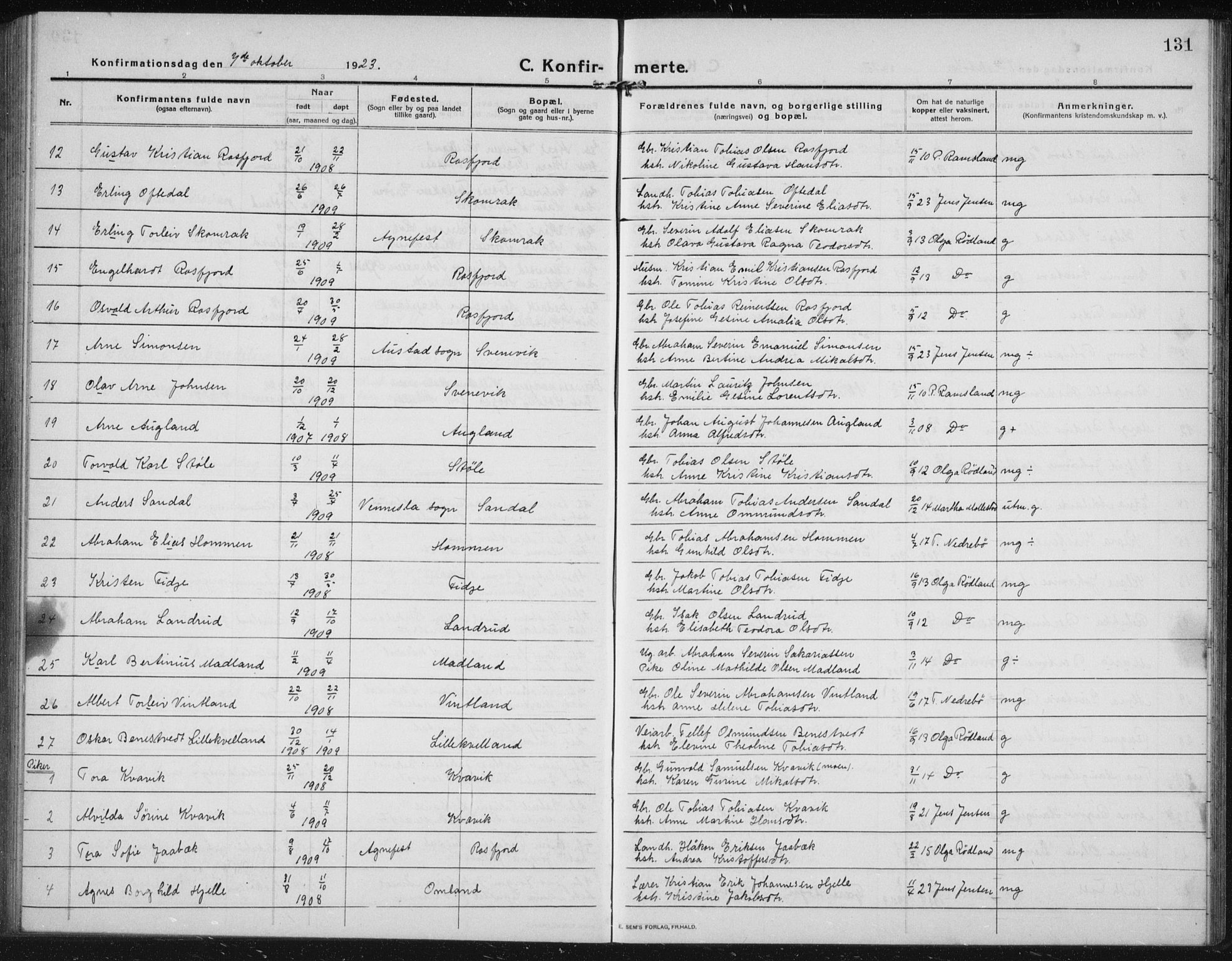 Lyngdal sokneprestkontor, AV/SAK-1111-0029/F/Fb/Fbc/L0006: Parish register (copy) no. B 6, 1914-1934, p. 131