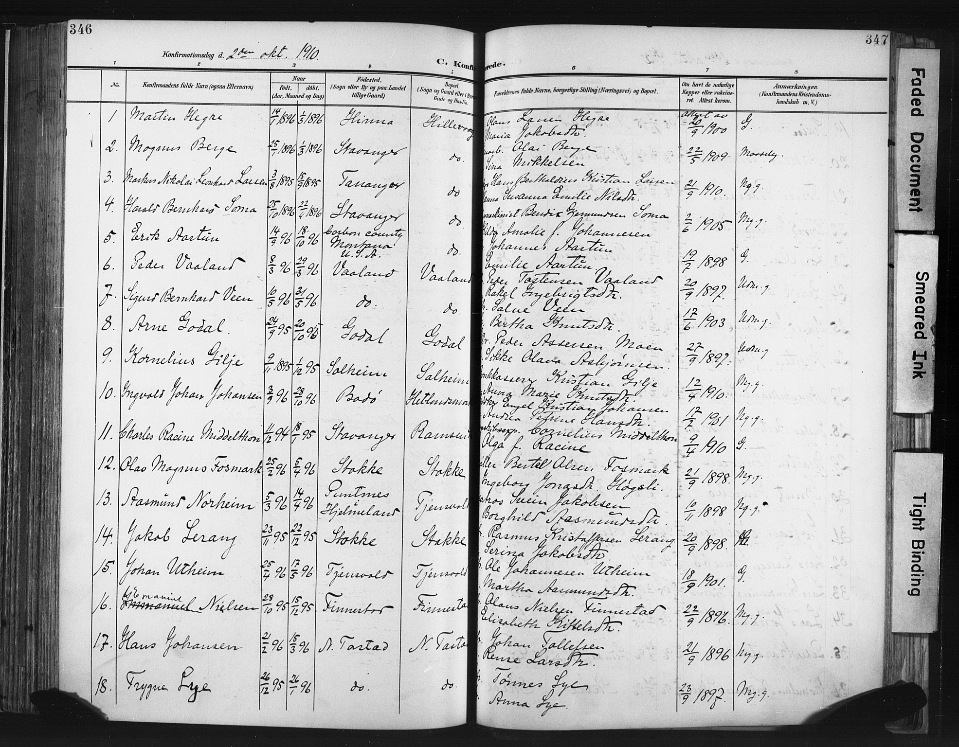 Hetland sokneprestkontor, AV/SAST-A-101826/30/30BA/L0013: Parish register (official) no. A 13, 1904-1918, p. 346-347