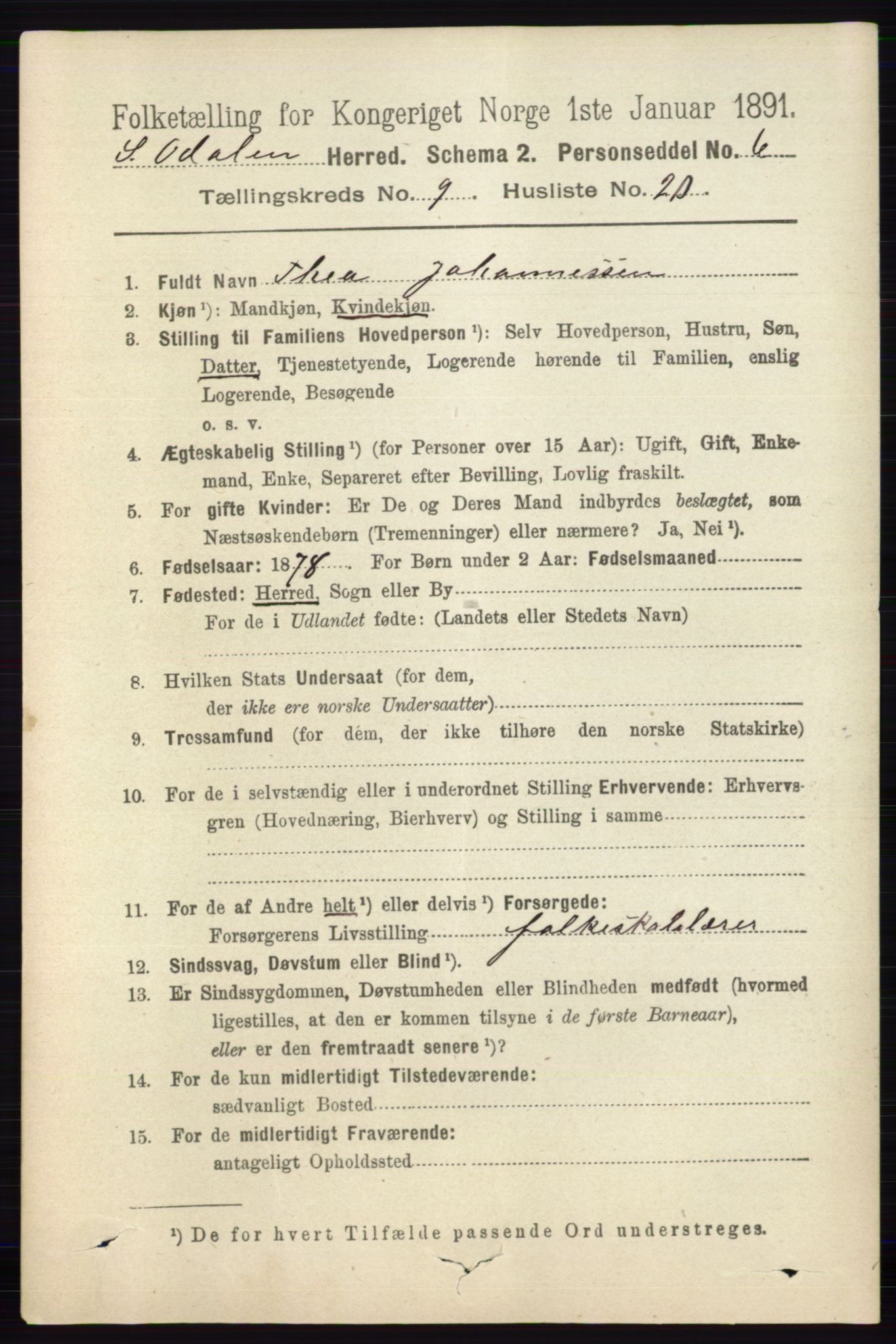 RA, 1891 census for 0419 Sør-Odal, 1891, p. 4277