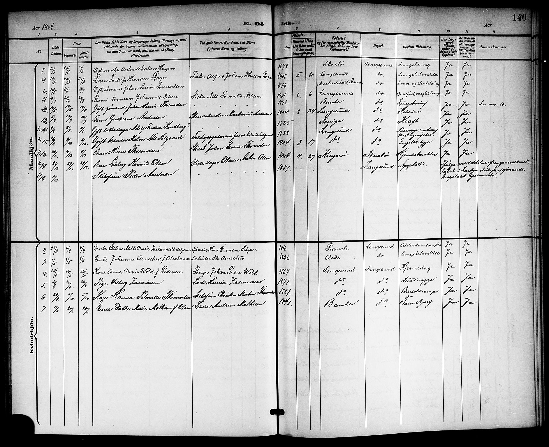 Langesund kirkebøker, SAKO/A-280/G/Ga/L0006: Parish register (copy) no. 6, 1899-1918, p. 140