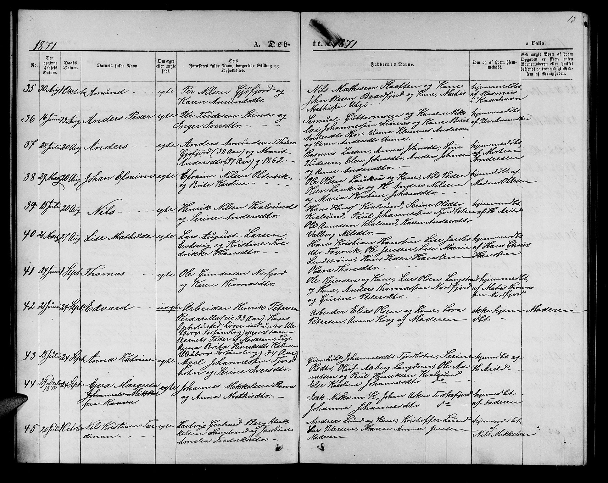 Hammerfest sokneprestkontor, SATØ/S-1347/H/Hb/L0005.klokk: Parish register (copy) no. 5, 1869-1884, p. 13