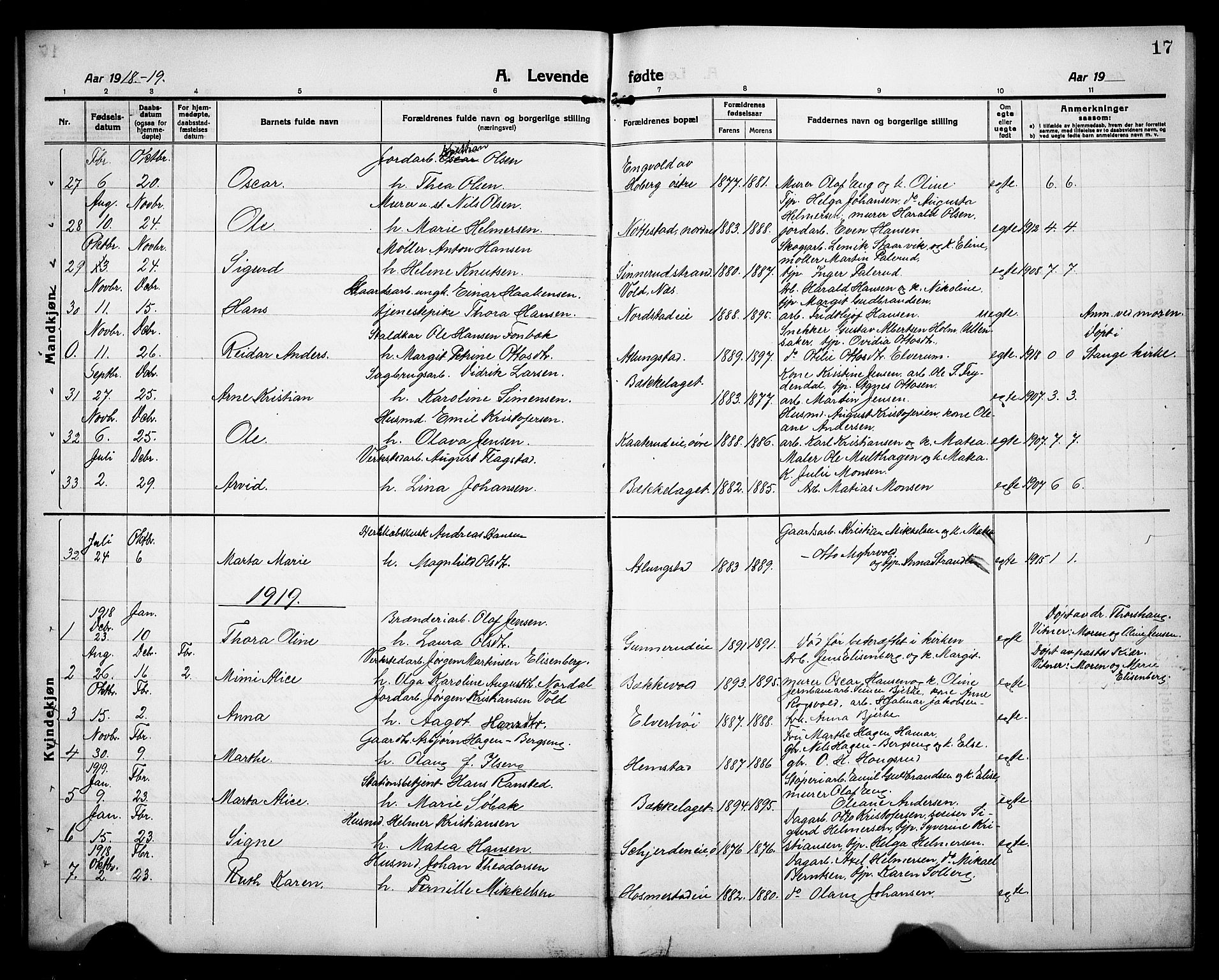 Stange prestekontor, AV/SAH-PREST-002/L/L0015: Parish register (copy) no. 15, 1916-1928, p. 17