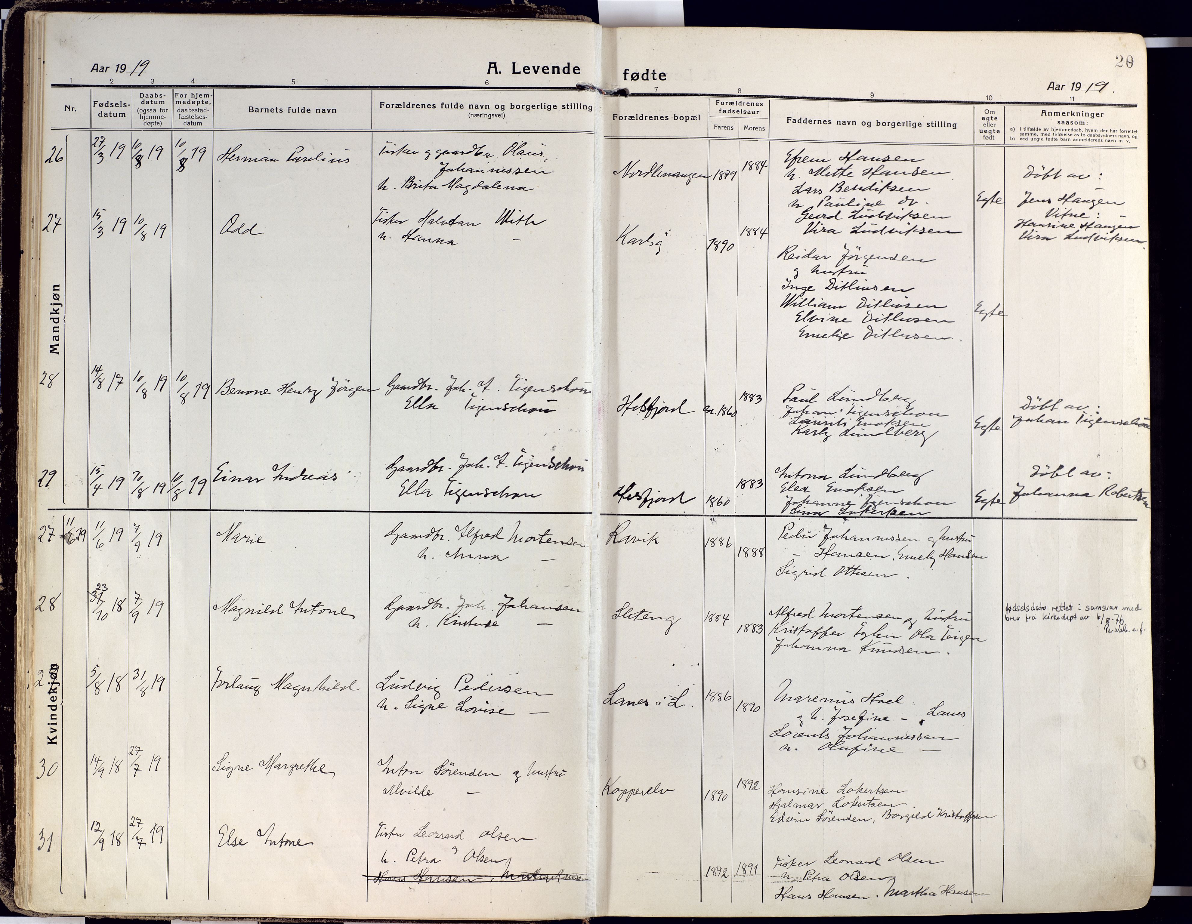 Karlsøy sokneprestembete, AV/SATØ-S-1299/H/Ha/Haa/L0015kirke: Parish register (official) no. 15, 1918-1929, p. 20