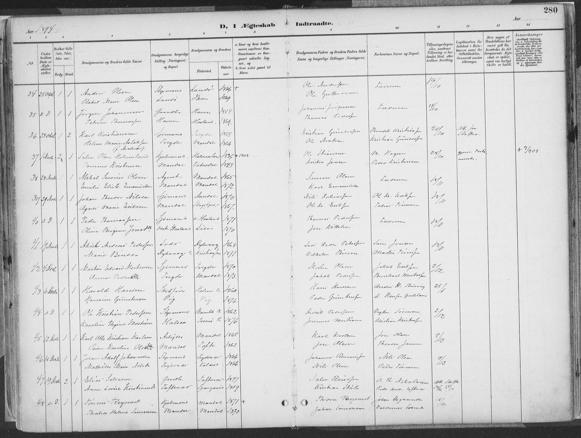 Mandal sokneprestkontor, SAK/1111-0030/F/Fa/Faa/L0018: Parish register (official) no. A 18, 1890-1905, p. 280