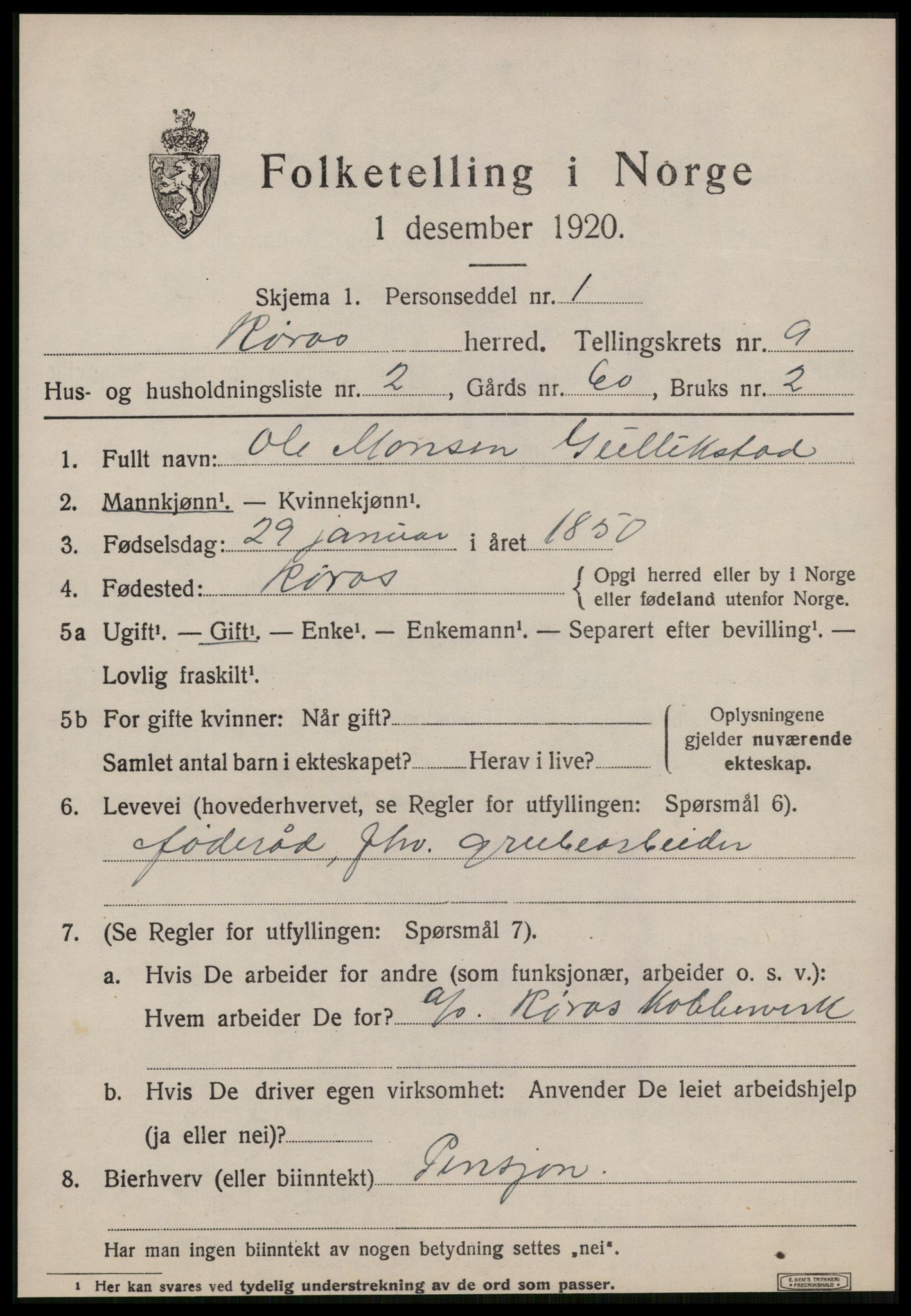 SAT, 1920 census for Røros, 1920, p. 7700