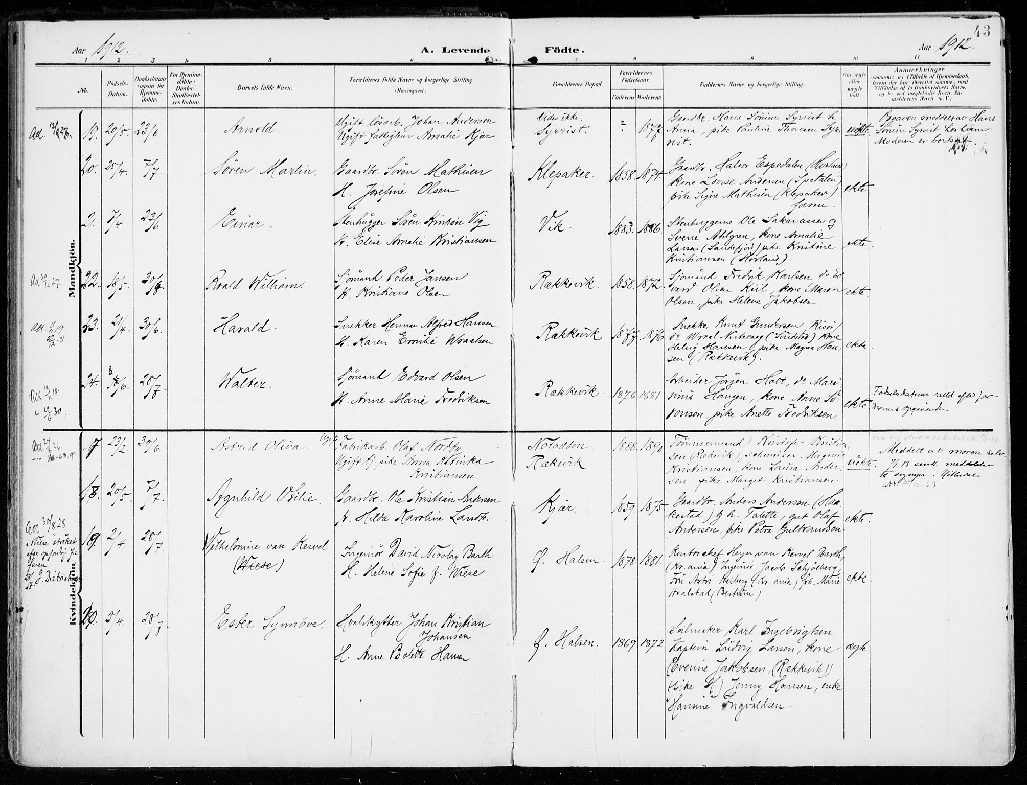 Tjølling kirkebøker, AV/SAKO-A-60/F/Fa/L0010: Parish register (official) no. 10, 1906-1923, p. 43