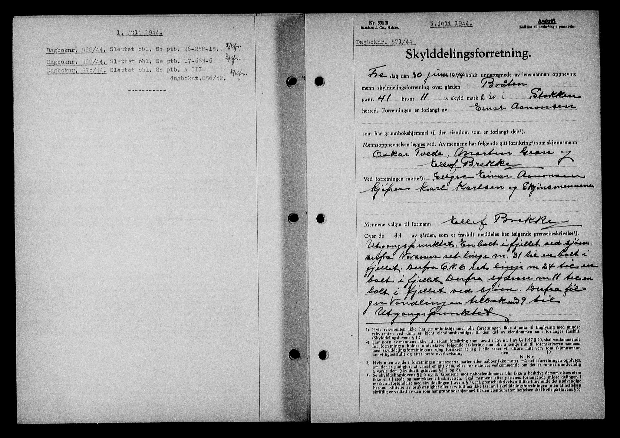 Nedenes sorenskriveri, SAK/1221-0006/G/Gb/Gba/L0051: Mortgage book no. A-V, 1943-1944, Diary no: : 571/1944