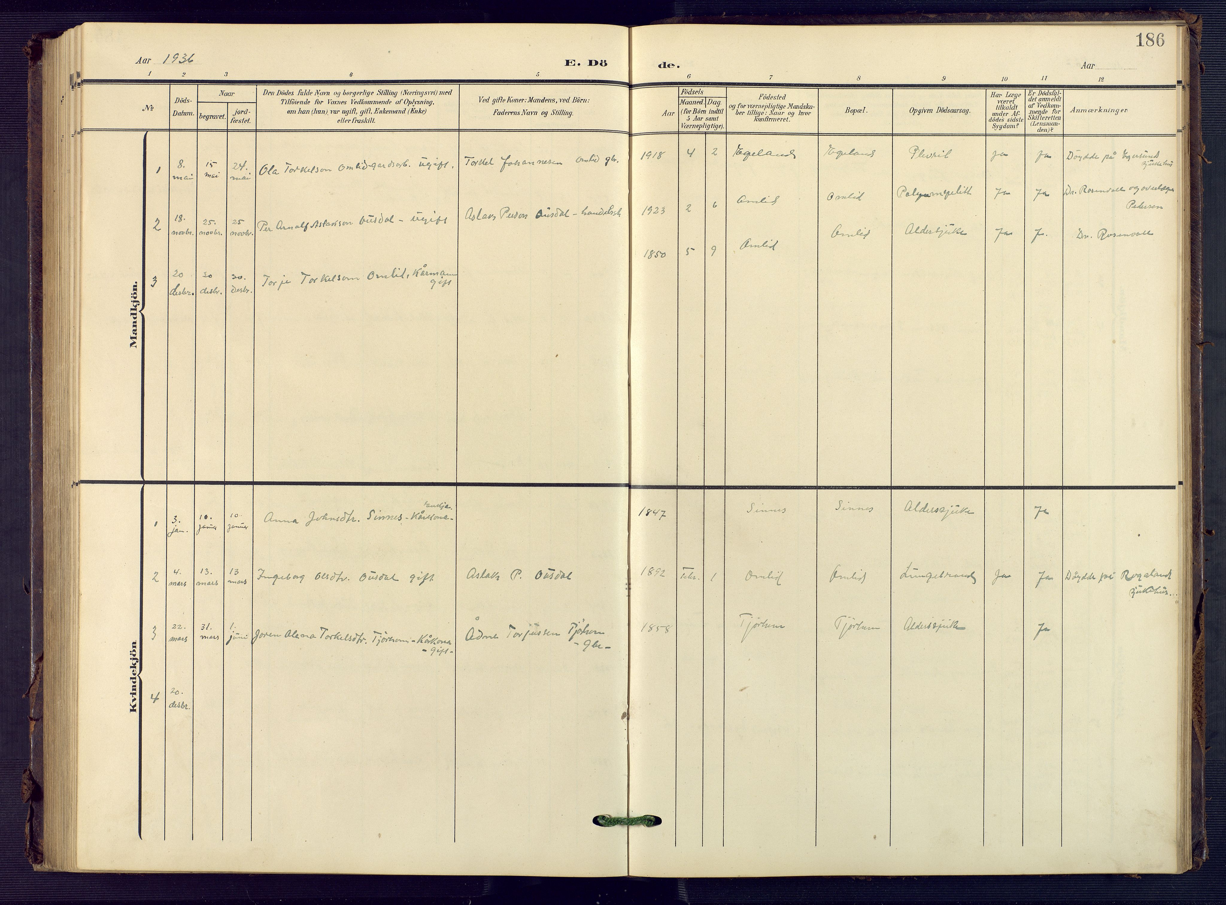 Sirdal sokneprestkontor, AV/SAK-1111-0036/F/Fb/Fba/L0002: Parish register (copy) no. B 2, 1905-1958, p. 186