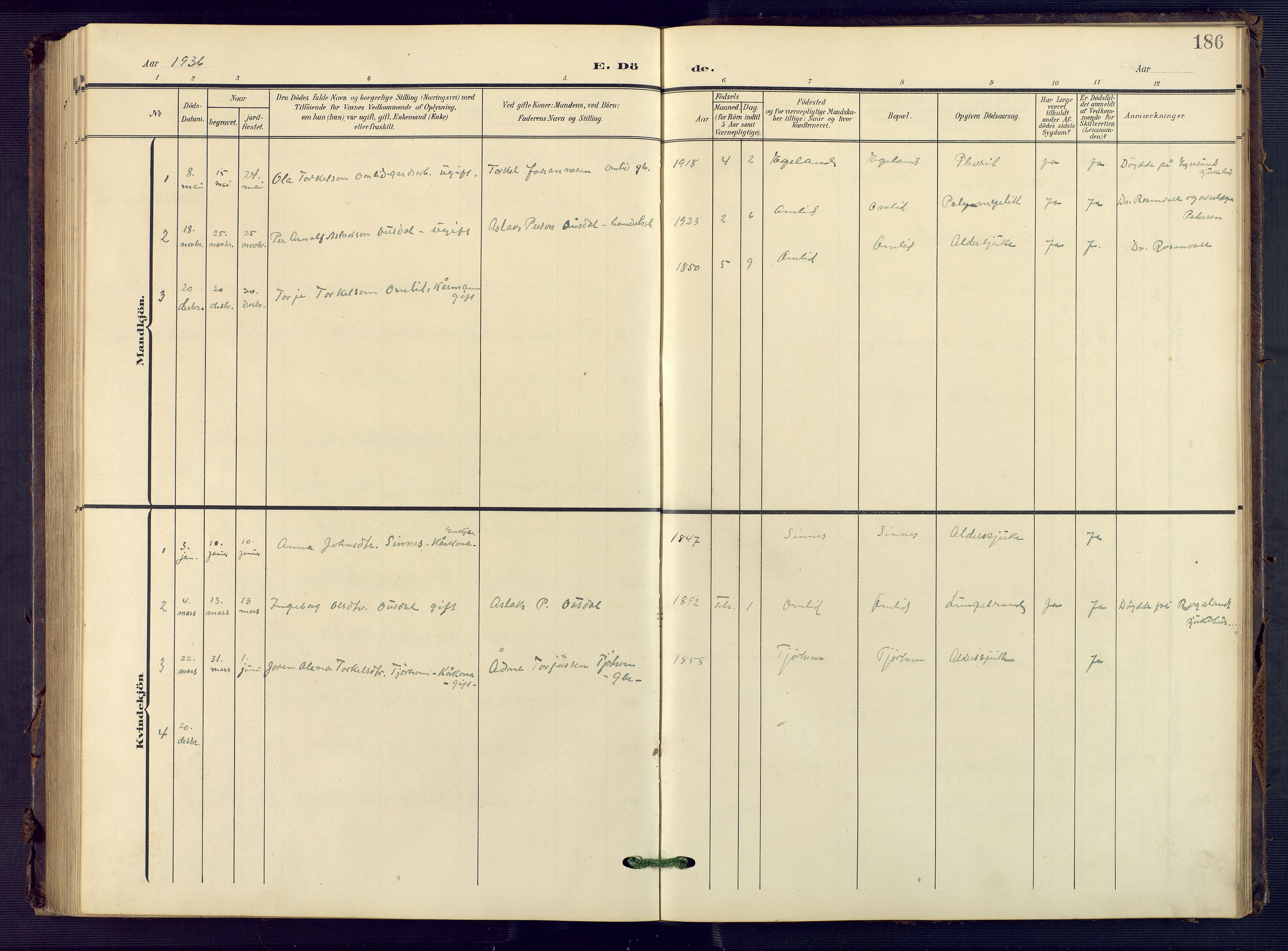 Sirdal sokneprestkontor, SAK/1111-0036/F/Fb/Fba/L0002: Parish register (copy) no. B 2, 1905-1958, p. 186