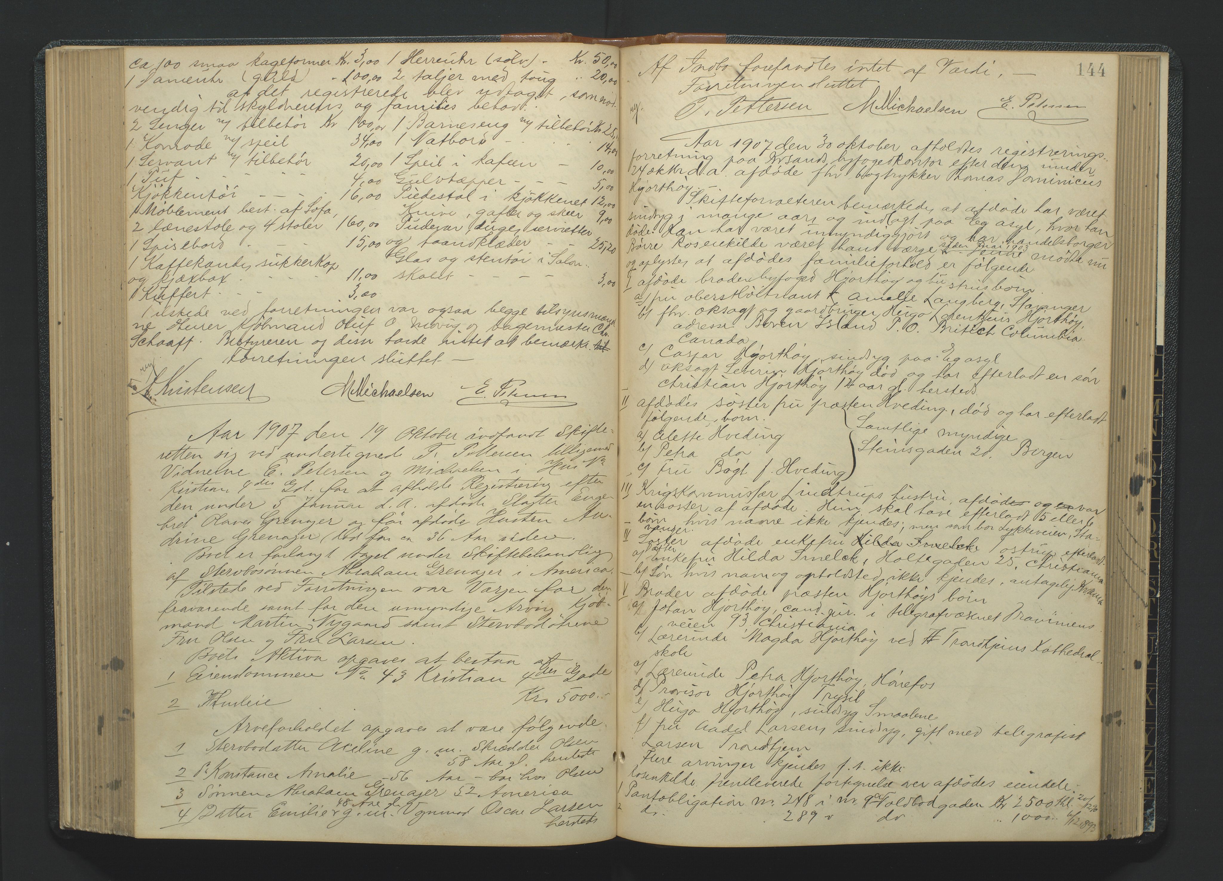 Kristiansand byrett, AV/SAK-1223-0001/H/Hc/L0035: Skifteregistreringsprotokoll nr. 7, med register, 1903-1914, p. 144