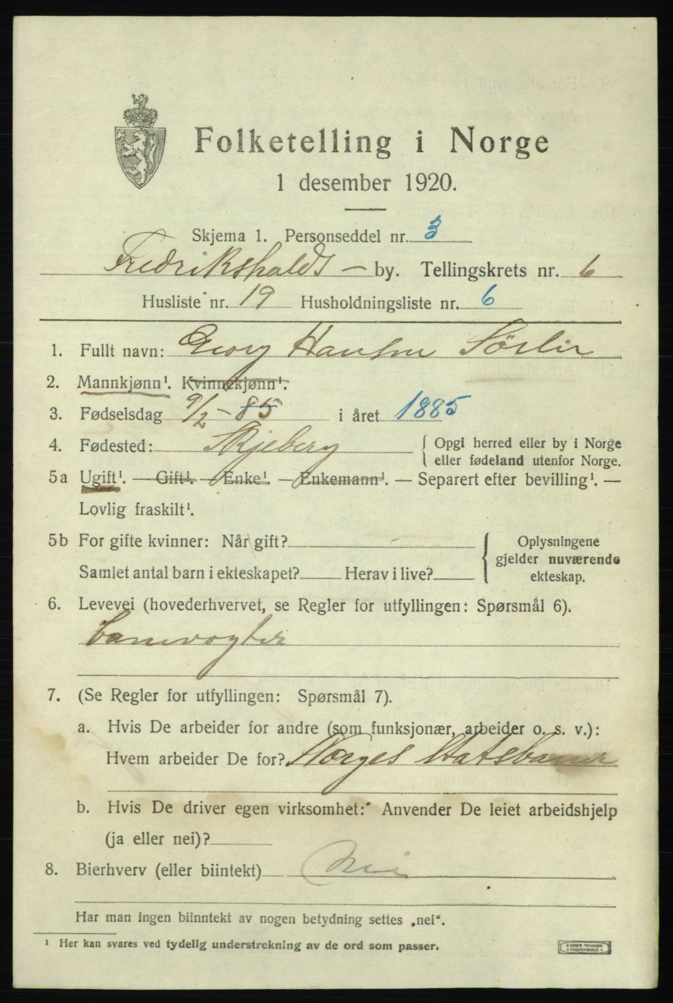 SAO, 1920 census for Fredrikshald, 1920, p. 13442