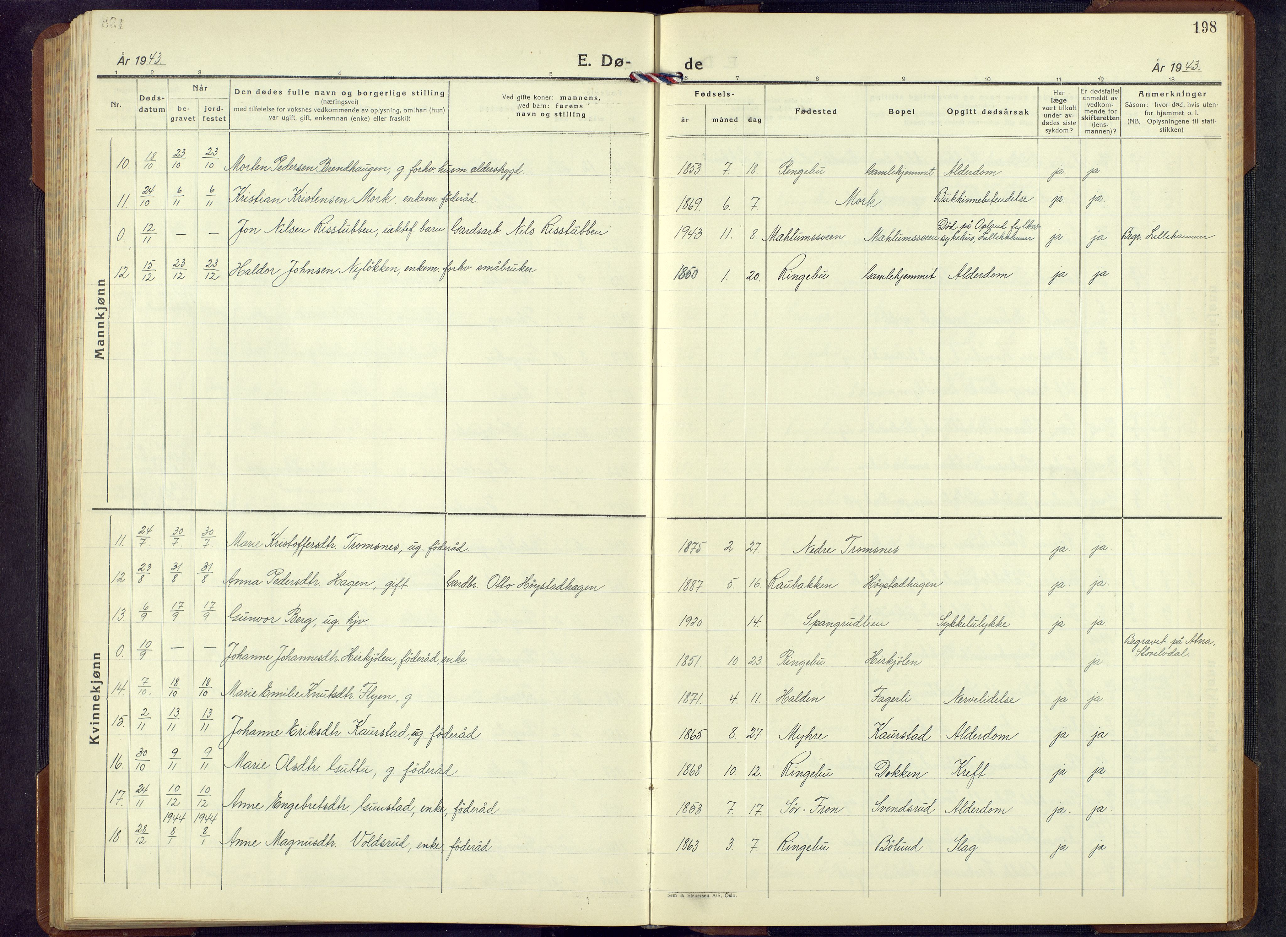 Ringebu prestekontor, SAH/PREST-082/H/Ha/Hab/L0013: Parish register (copy) no. 13, 1943-1956, p. 198