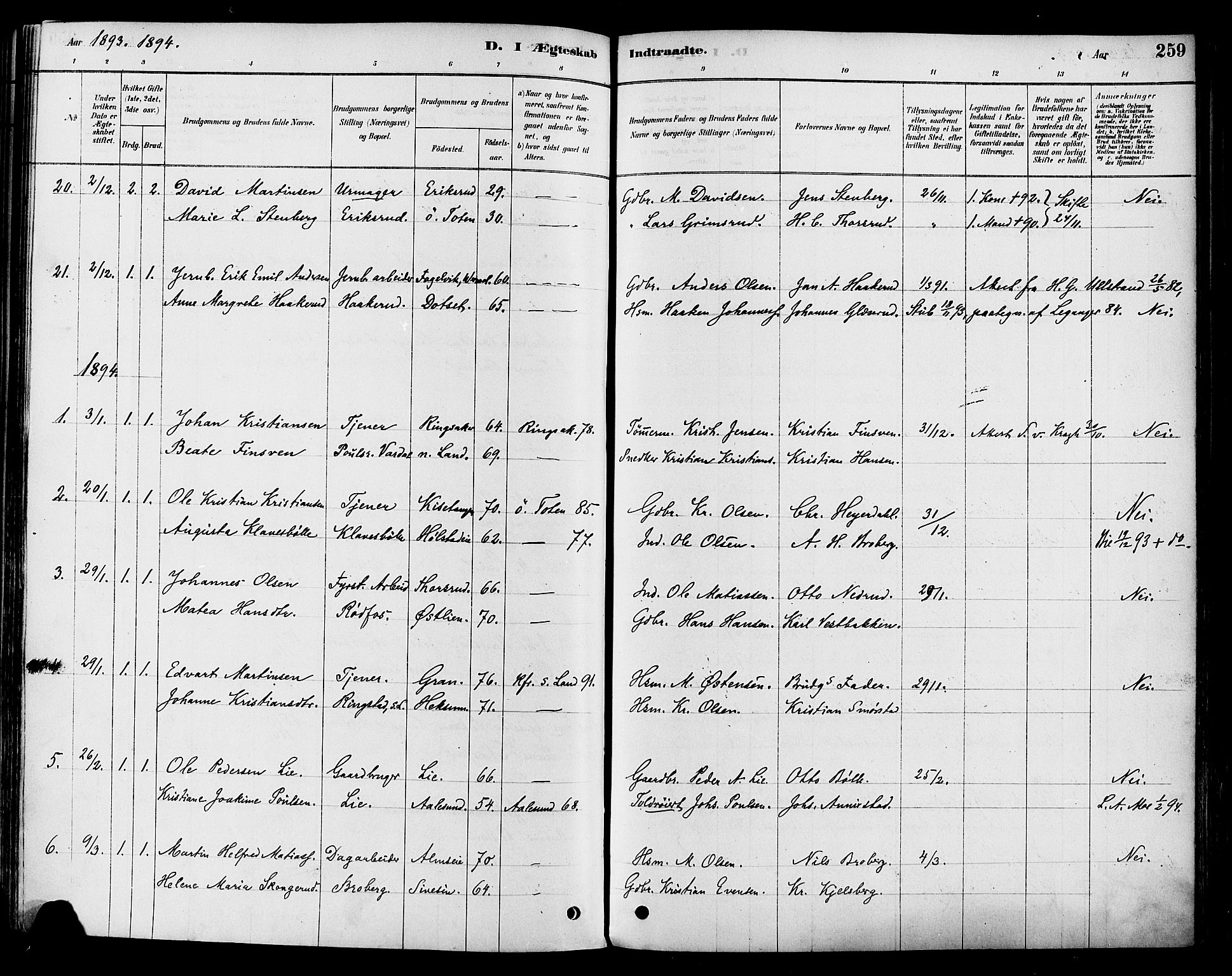 Vestre Toten prestekontor, SAH/PREST-108/H/Ha/Haa/L0009: Parish register (official) no. 9, 1878-1894, p. 259