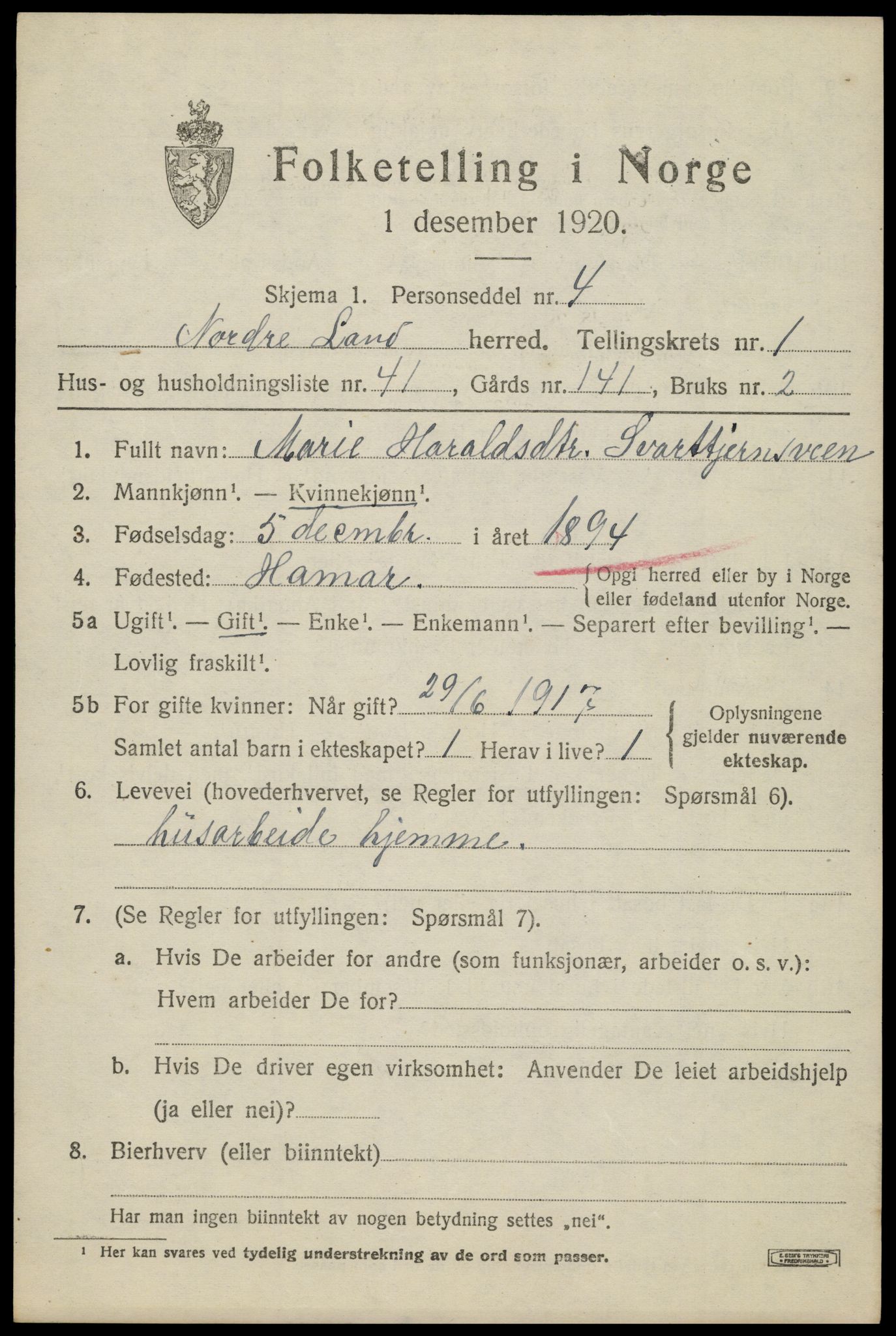SAH, 1920 census for Nordre Land, 1920, p. 1564