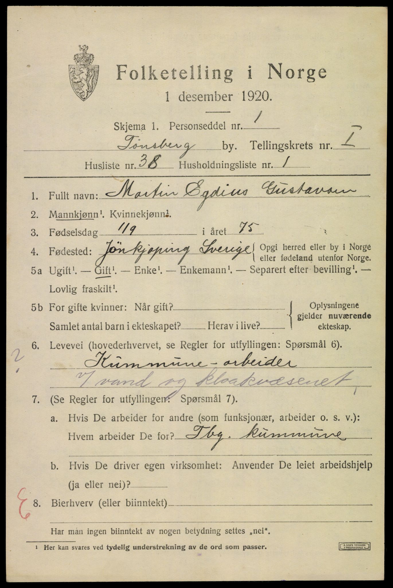 SAKO, 1920 census for Tønsberg, 1920, p. 9545