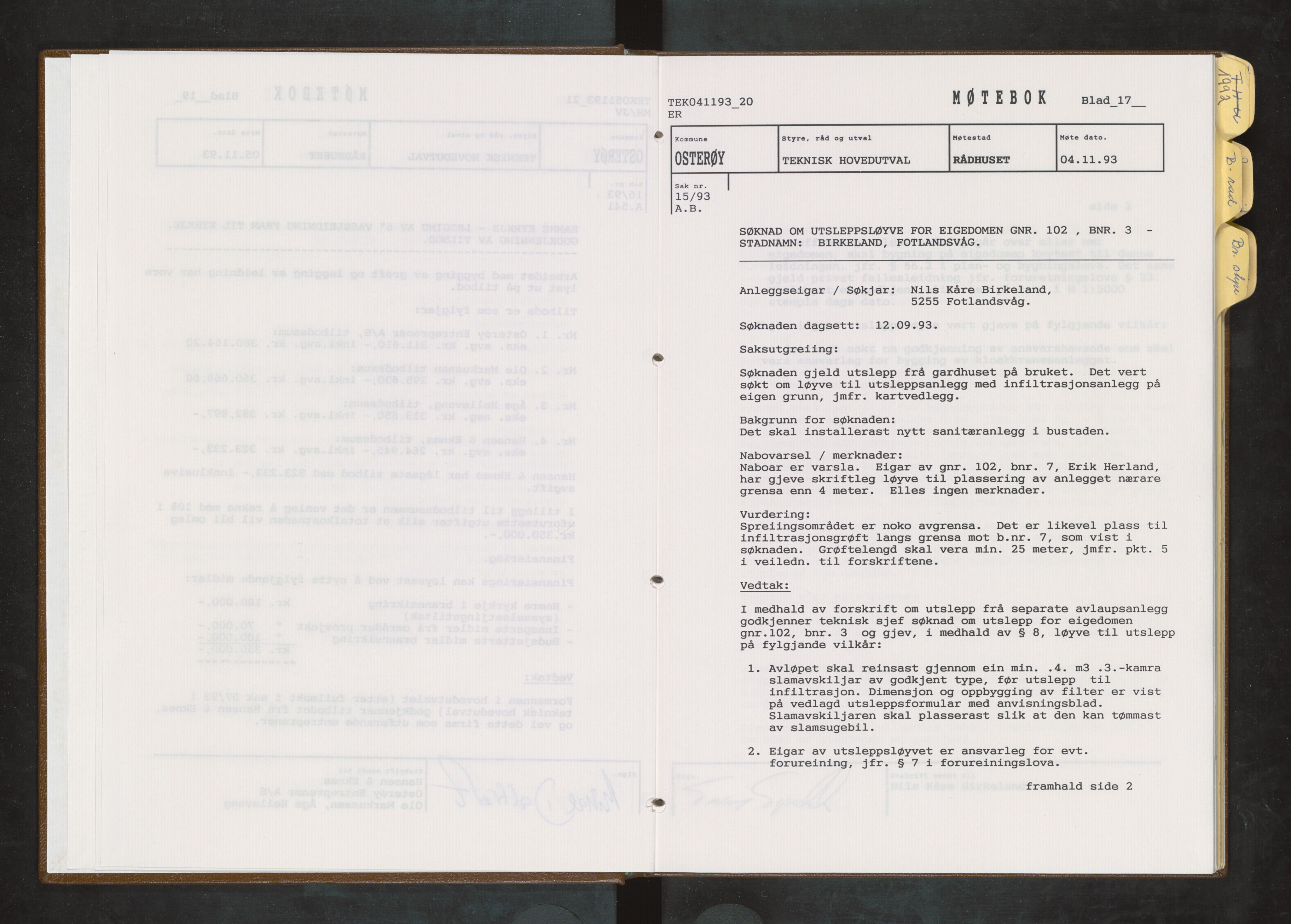 Osterøy kommune. Bygningsrådet, IKAH/1253b-511/A/Ad/L0002: Møtebok bygningssjefen, 1991-1993