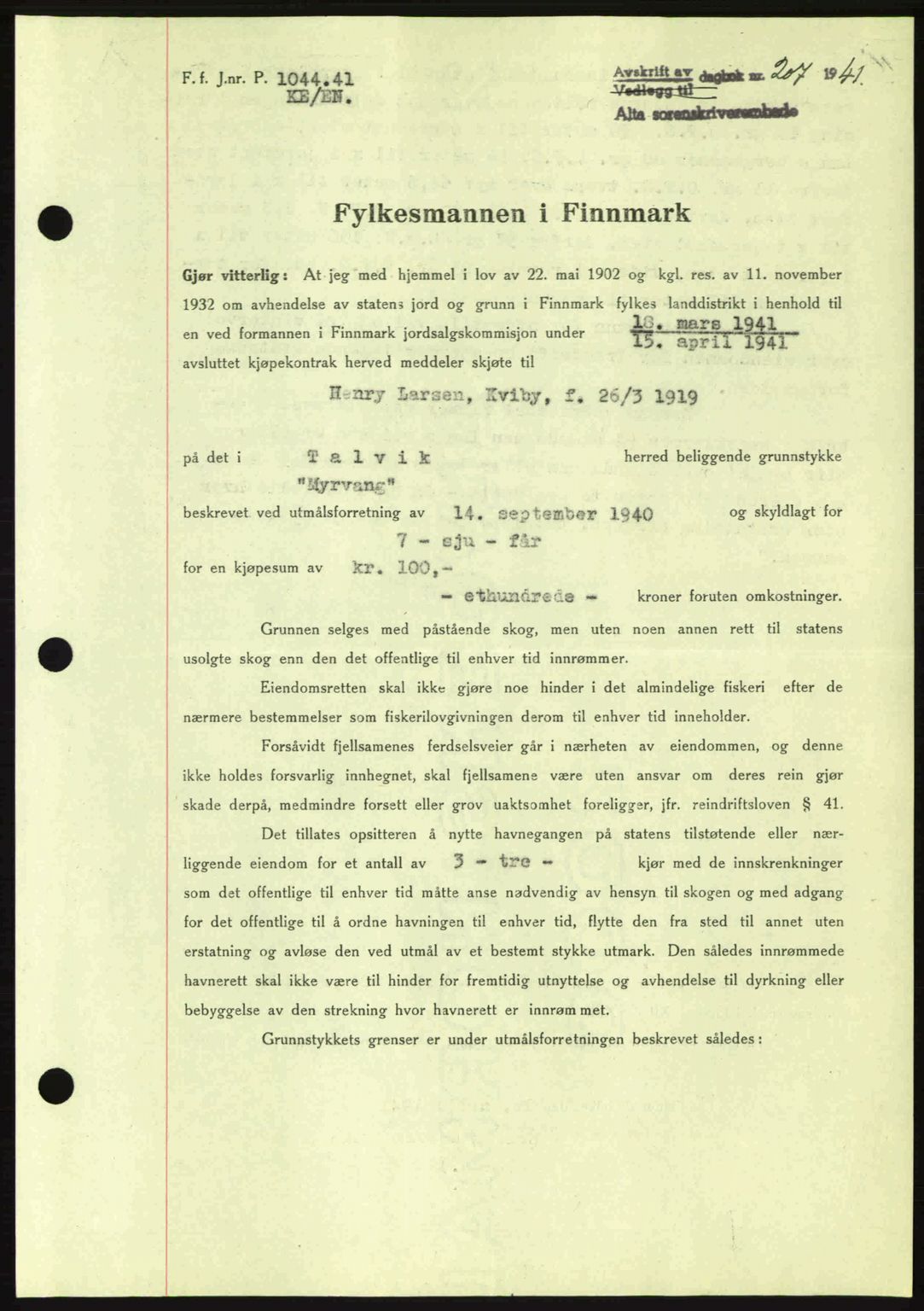 Alta fogderi/sorenskriveri, SATØ/SATØ-5/1/K/Kd/L0033pantebok: Mortgage book no. 33, 1940-1943, Diary no: : 207/1941