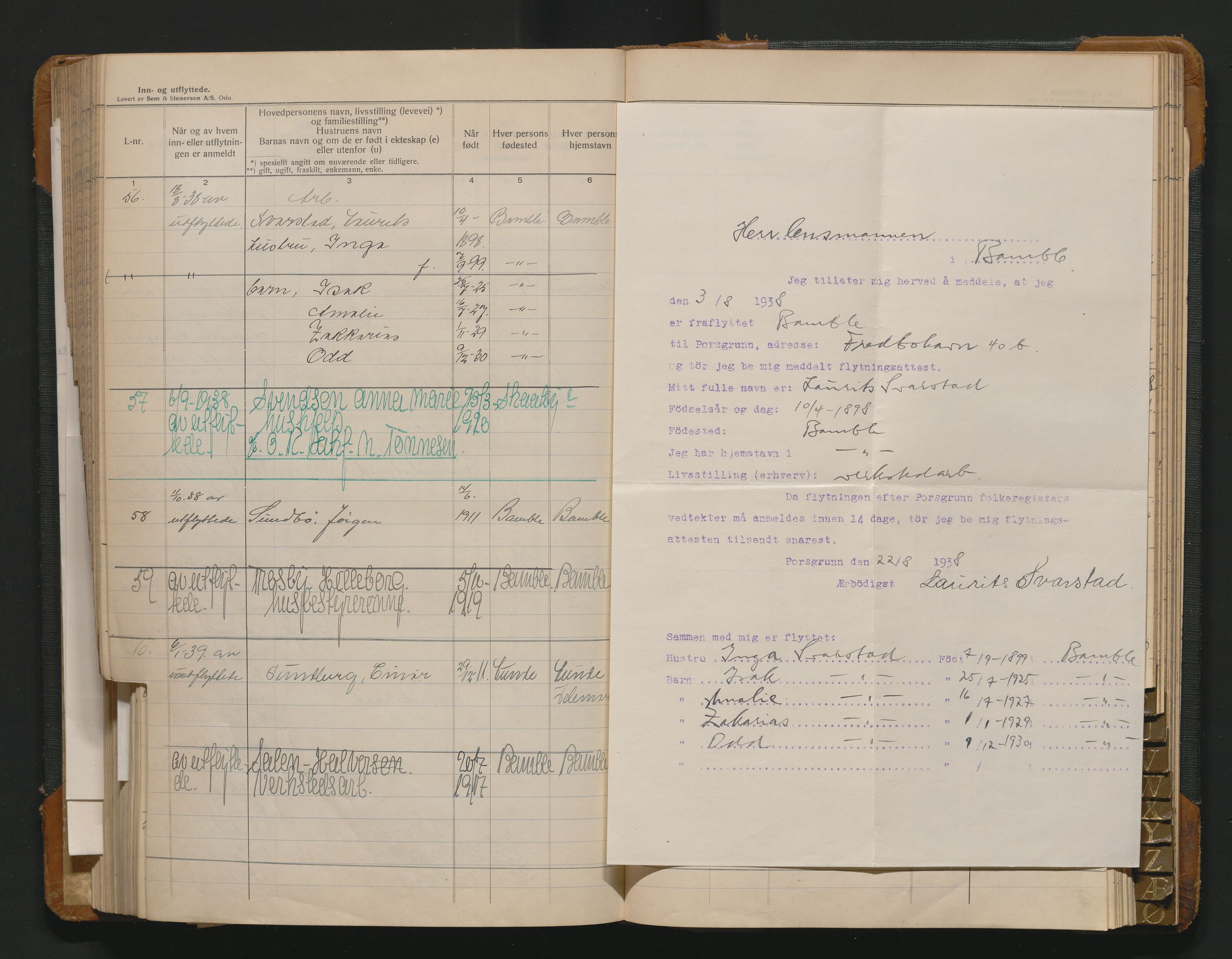 Bamble lensmannskontor, AV/SAKO-A-552/O/Oa/L0003: Protokoll over inn- og utflyttede - Bamble, 1933-1942