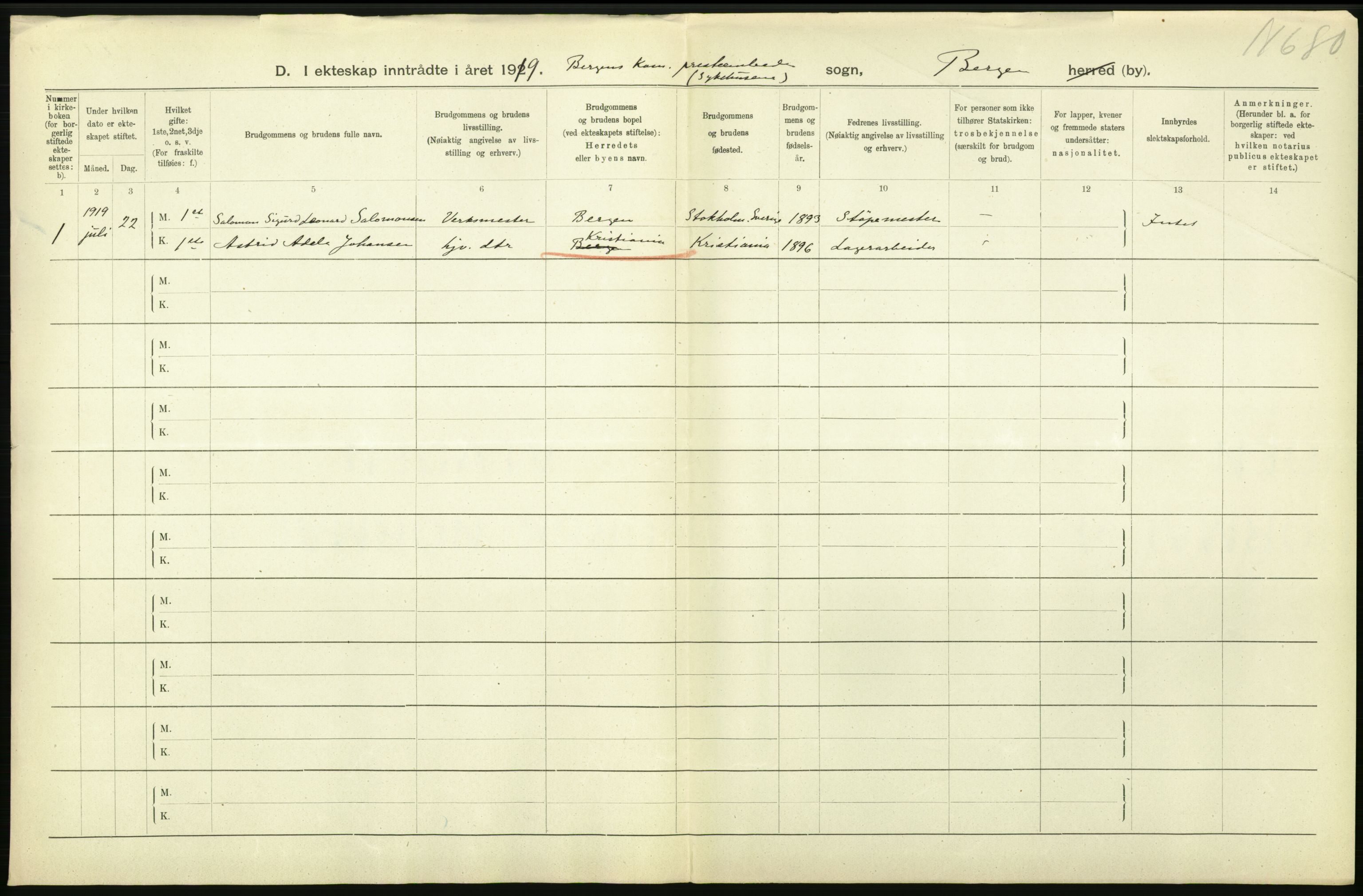 Statistisk sentralbyrå, Sosiodemografiske emner, Befolkning, AV/RA-S-2228/D/Df/Dfb/Dfbi/L0035: Bergen: Gifte, døde, dødfødte., 1919, p. 22