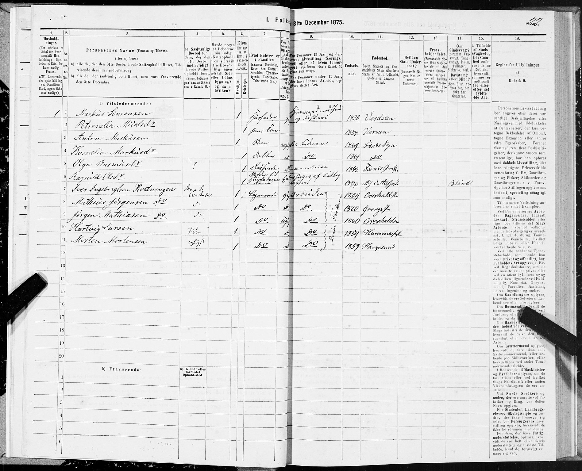 SAT, 1875 census for 1748P Fosnes, 1875, p. 1022