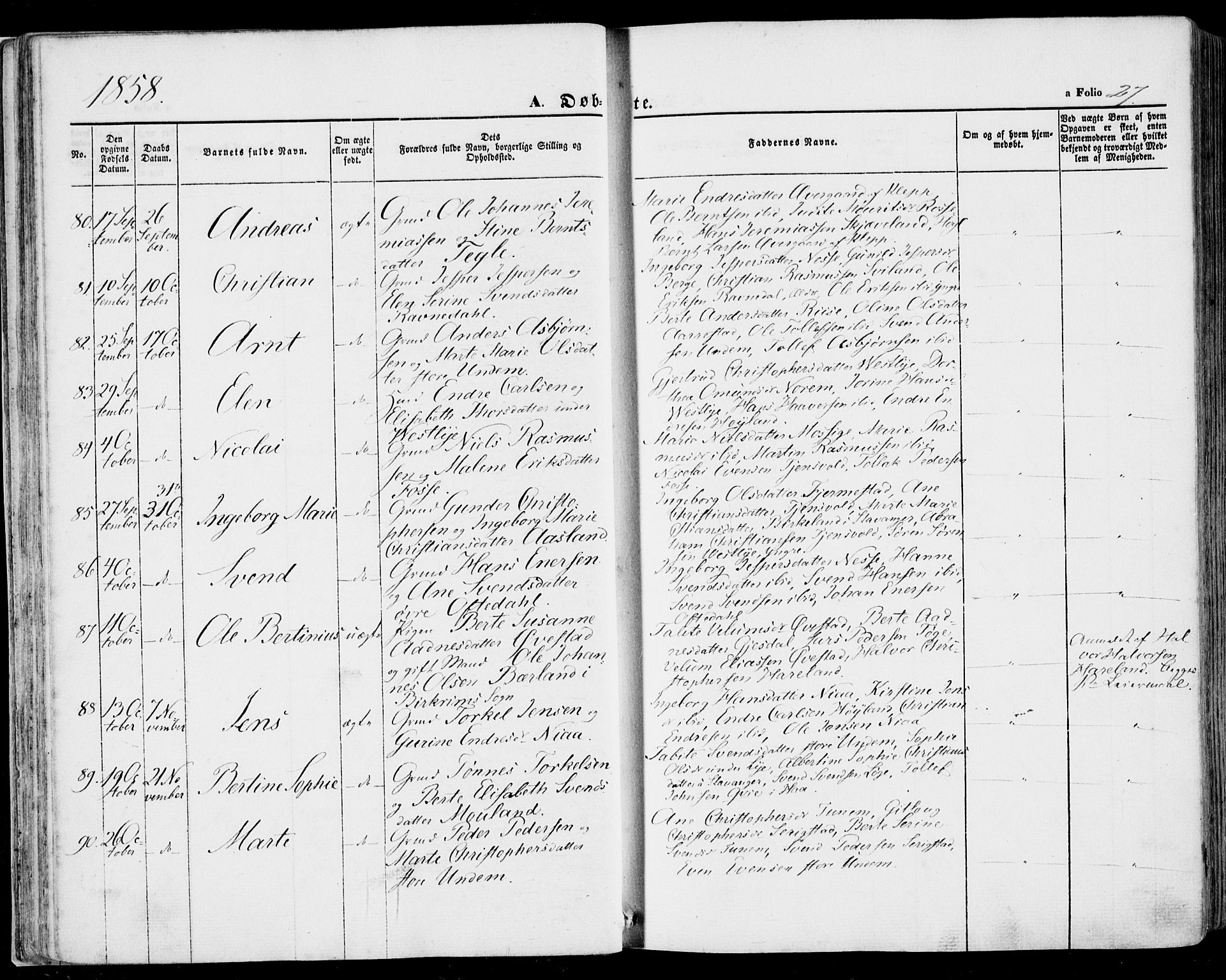 Lye sokneprestkontor, AV/SAST-A-101794/001/30BA/L0007: Parish register (official) no. A 6, 1856-1871, p. 27